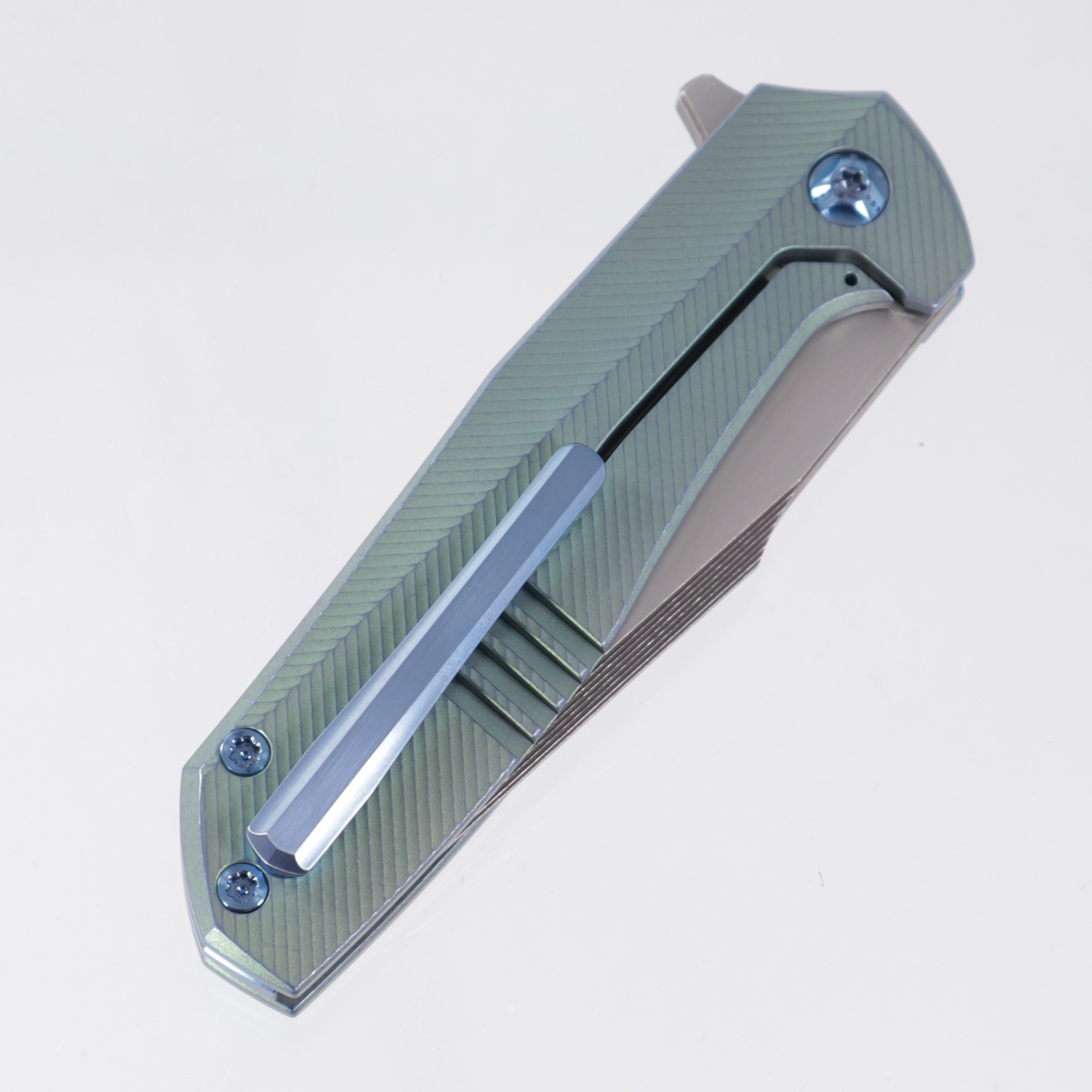 NCC Knives Ragnarok V1 #159 - Green/Blue Ano 3D Zipper Milled Titanium Scales w/ Blue Hardware & Accents - Acidwash/Satin S45VN Harpoon Tanto