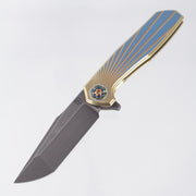 NCC Knives Ragnarok V1 #160 - Gold/Blue Ano Satin Finish Solarflare Milled Titanium Scales w/ Blue & Gold Hardware & Accents - Acidwash S45VN Harpoon Tanto