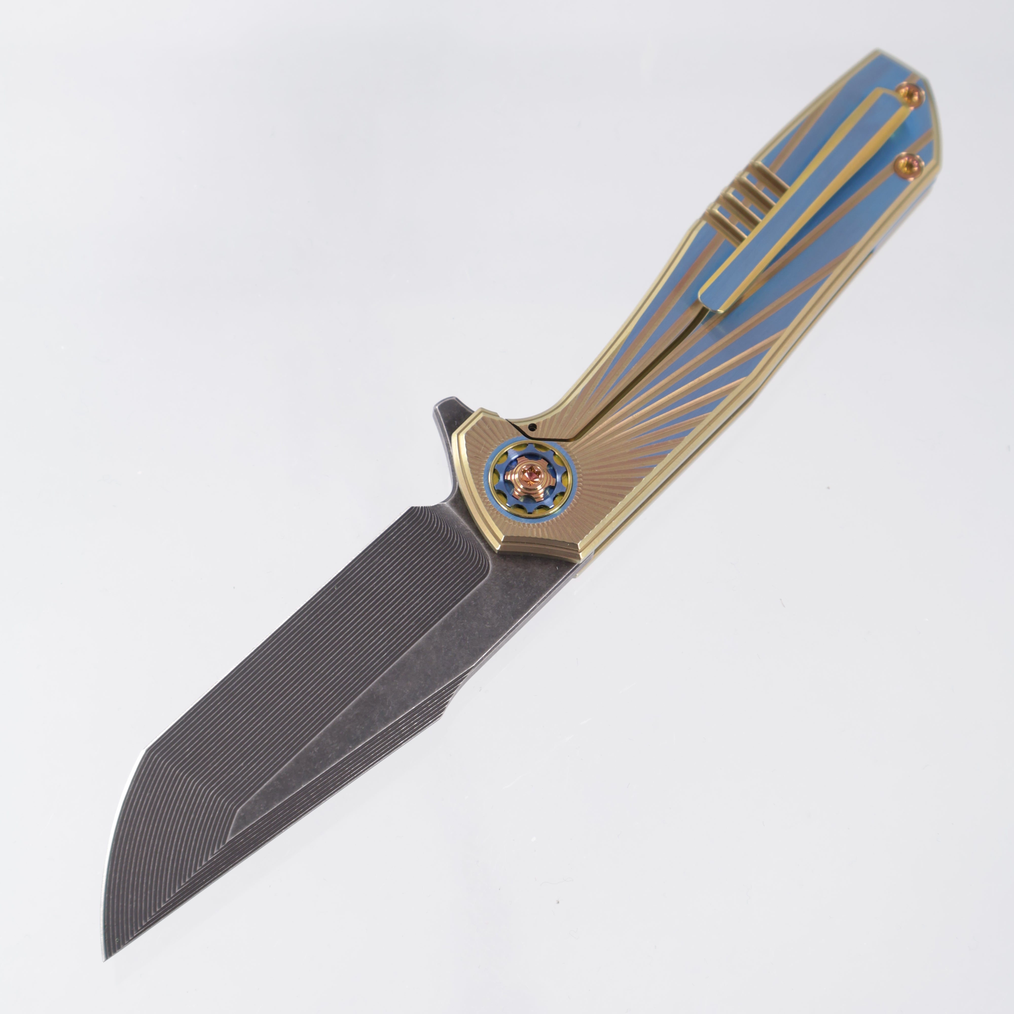 NCC Knives Ragnarok V1 #160 - Gold/Blue Ano Satin Finish Solarflare Milled Titanium Scales w/ Blue & Gold Hardware & Accents - Acidwash S45VN Harpoon Tanto