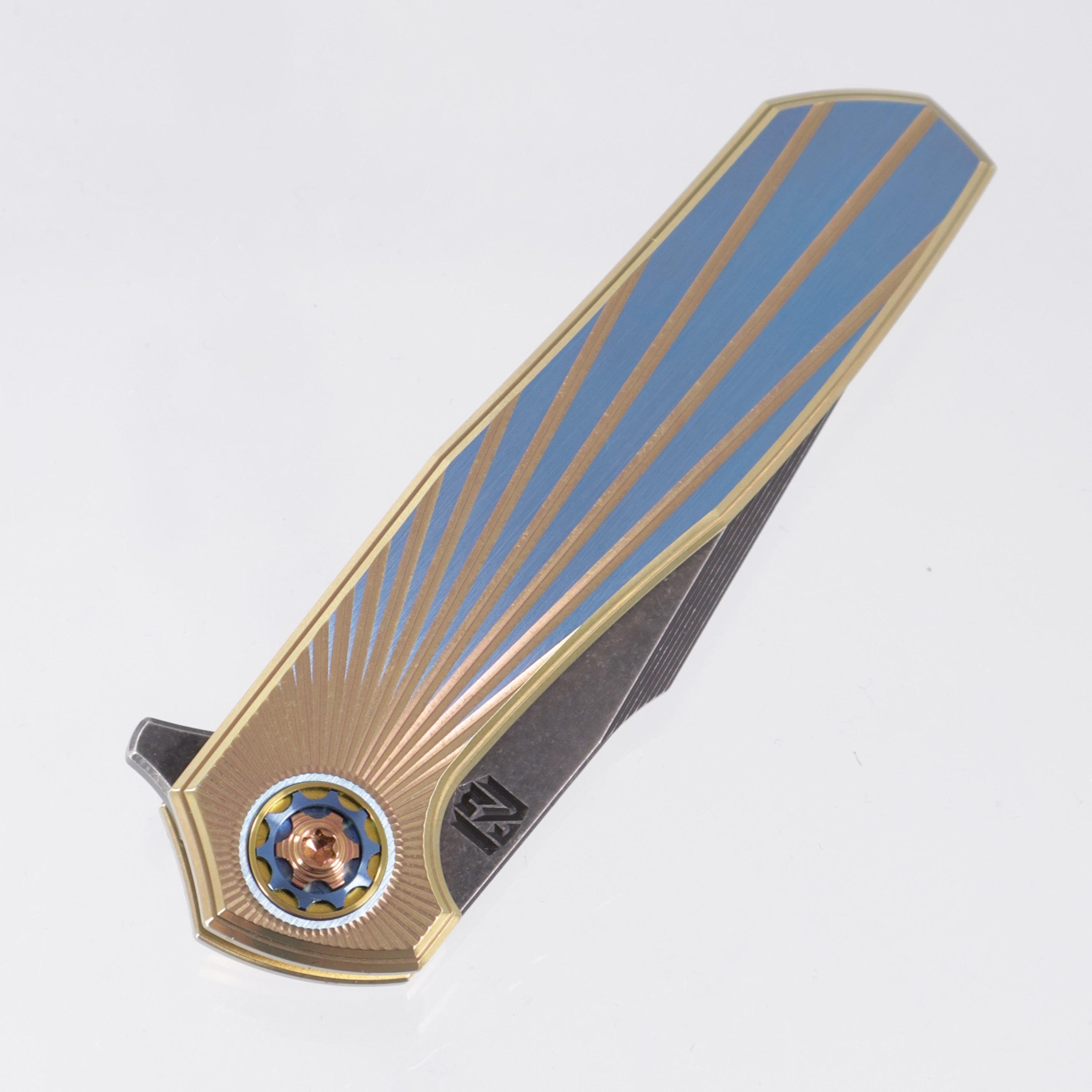 NCC Knives Ragnarok V1 #160 - Gold/Blue Ano Satin Finish Solarflare Milled Titanium Scales w/ Blue & Gold Hardware & Accents - Acidwash S45VN Harpoon Tanto