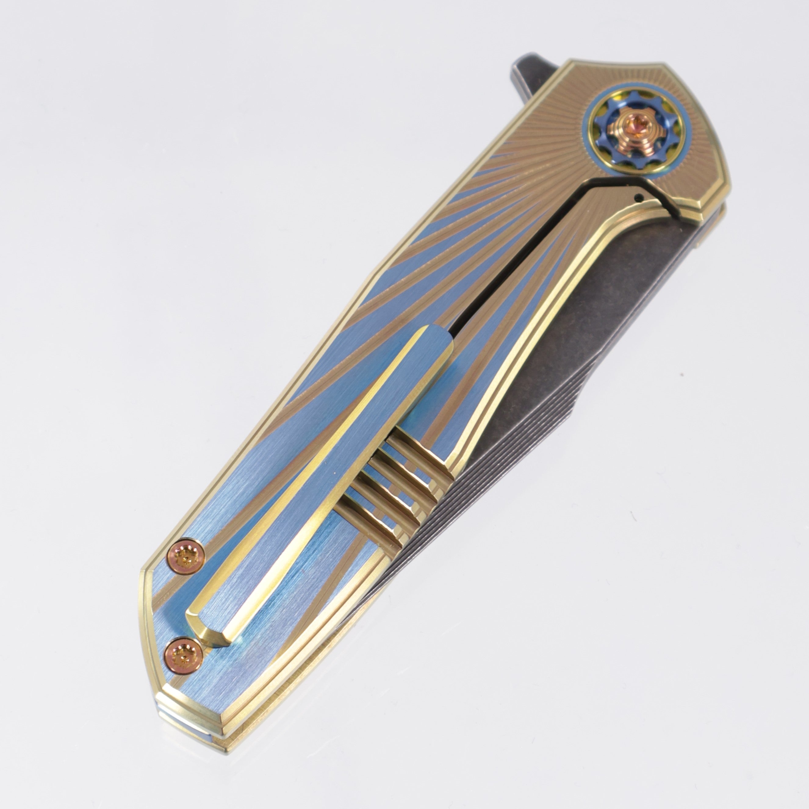 NCC Knives Ragnarok V1 #160 - Gold/Blue Ano Satin Finish Solarflare Milled Titanium Scales w/ Blue & Gold Hardware & Accents - Acidwash S45VN Harpoon Tanto
