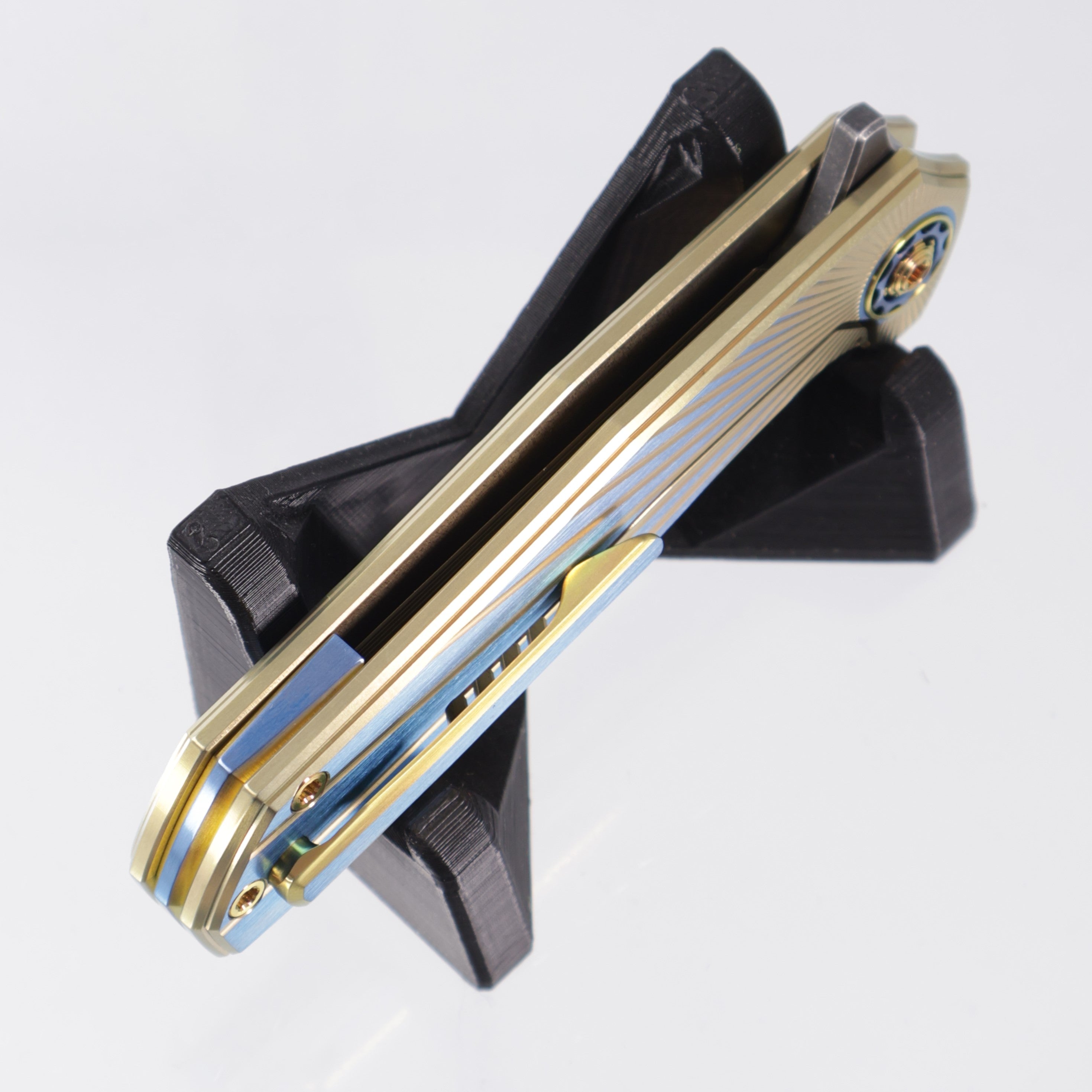 NCC Knives Ragnarok V1 #160 - Gold/Blue Ano Satin Finish Solarflare Milled Titanium Scales w/ Blue & Gold Hardware & Accents - Acidwash S45VN Harpoon Tanto
