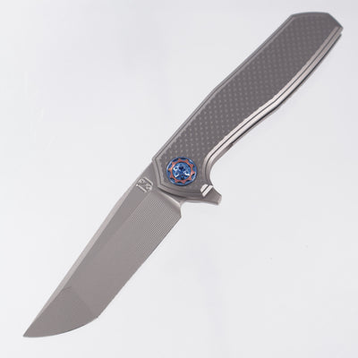 NCC Knives Ragnarok V3 #19 - Gunmetal Gray Pyramid Milled Titanium Scales w/ Blue & Rose Gold Ti Accents - Glassblast S45VN Clip Point Tanto