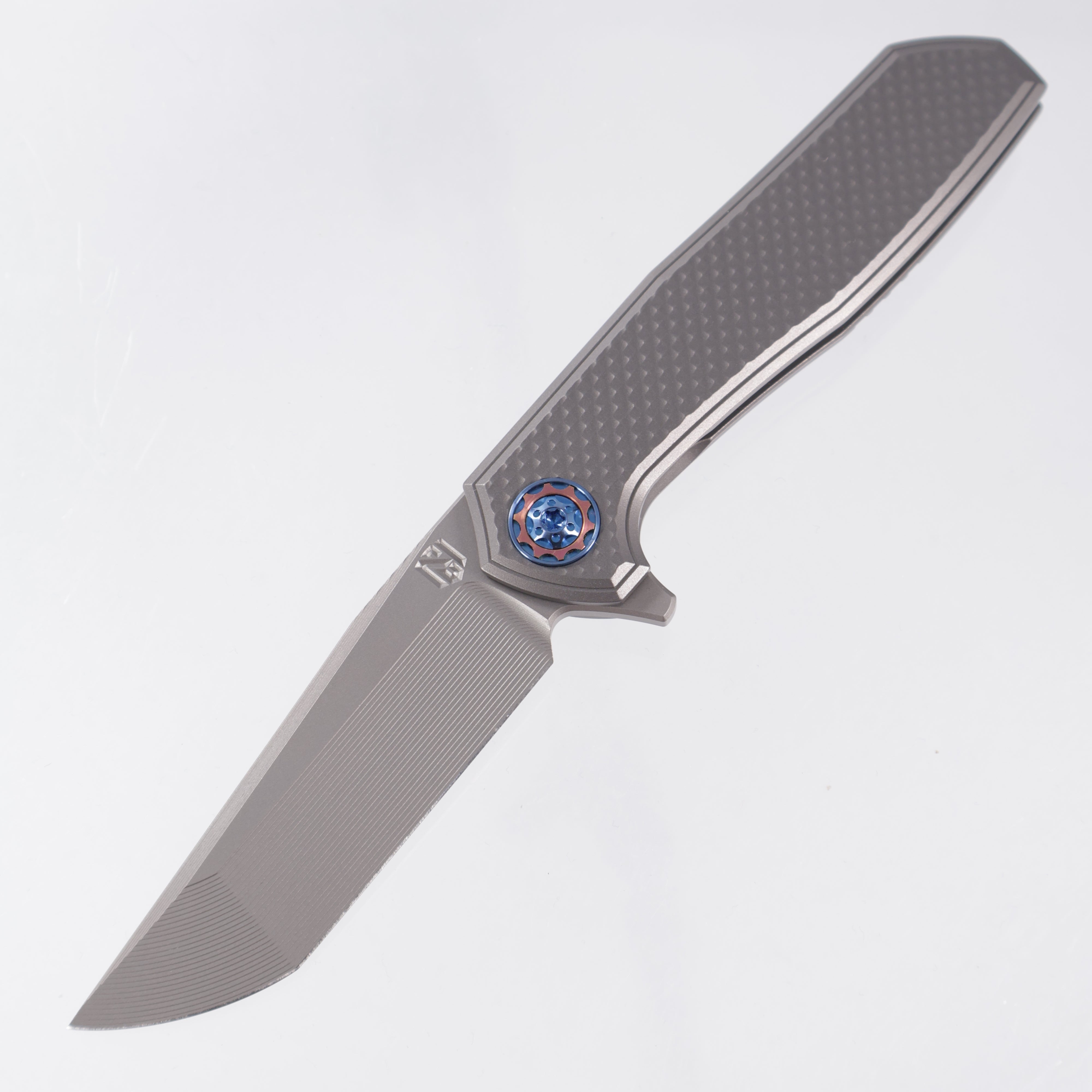 NCC Knives Ragnarok V3 #19 - Gunmetal Gray Pyramid Milled Titanium Scales w/ Blue & Rose Gold Ti Accents - Glassblast S45VN Clip Point Tanto