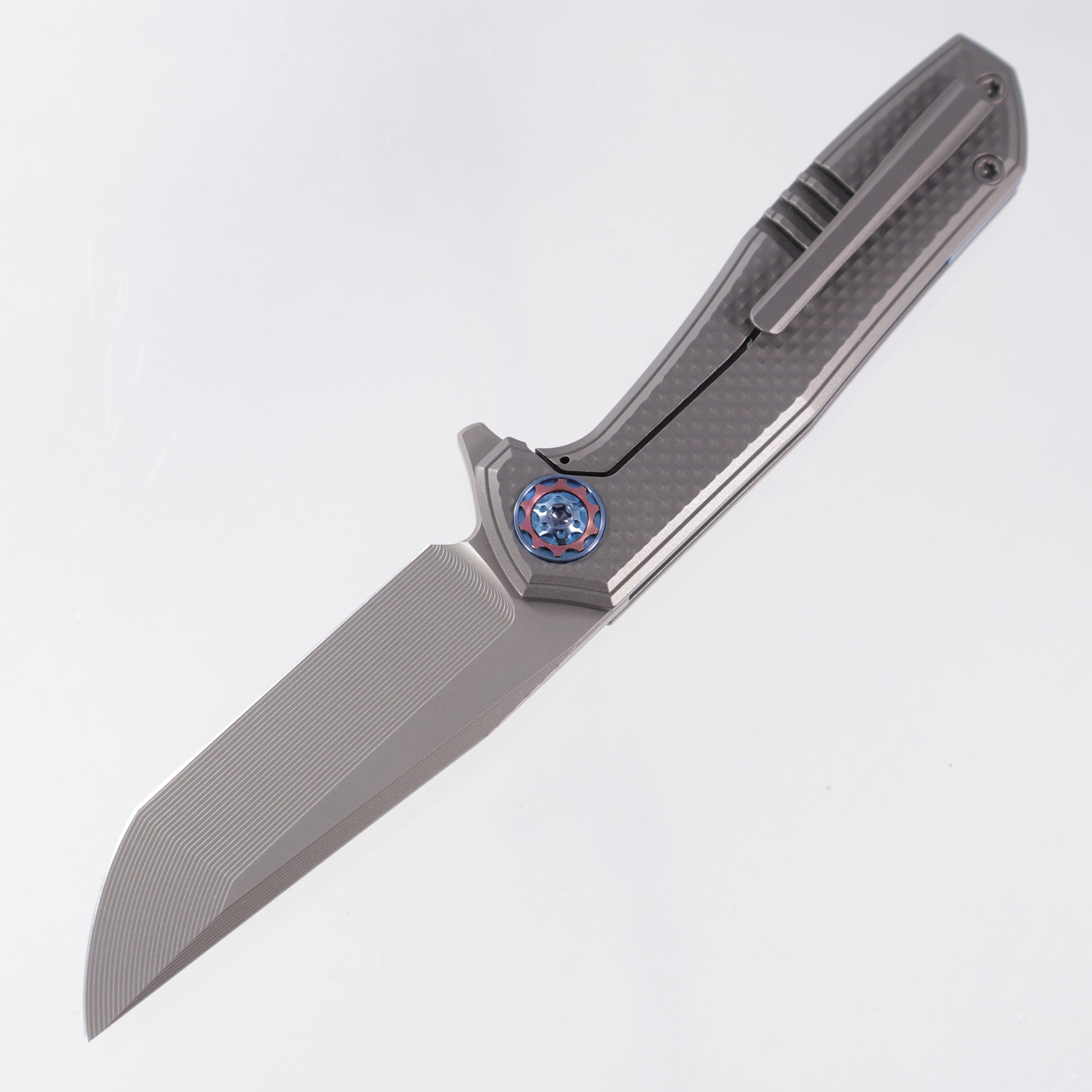 NCC Knives Ragnarok V3 #19 - Gunmetal Gray Pyramid Milled Titanium Scales w/ Blue & Rose Gold Ti Accents - Glassblast S45VN Clip Point Tanto
