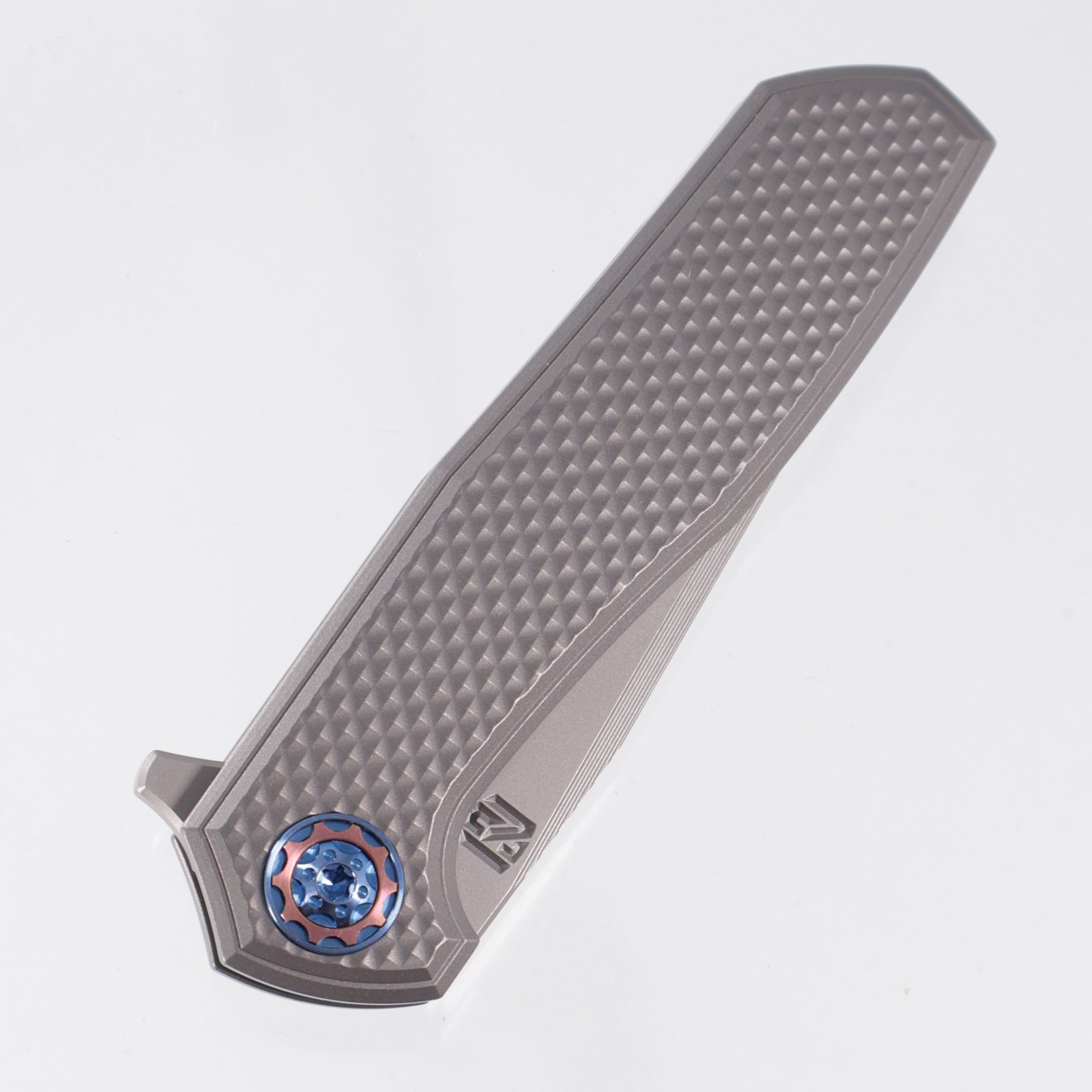 NCC Knives Ragnarok V3 #19 - Gunmetal Gray Pyramid Milled Titanium Scales w/ Blue & Rose Gold Ti Accents - Glassblast S45VN Clip Point Tanto