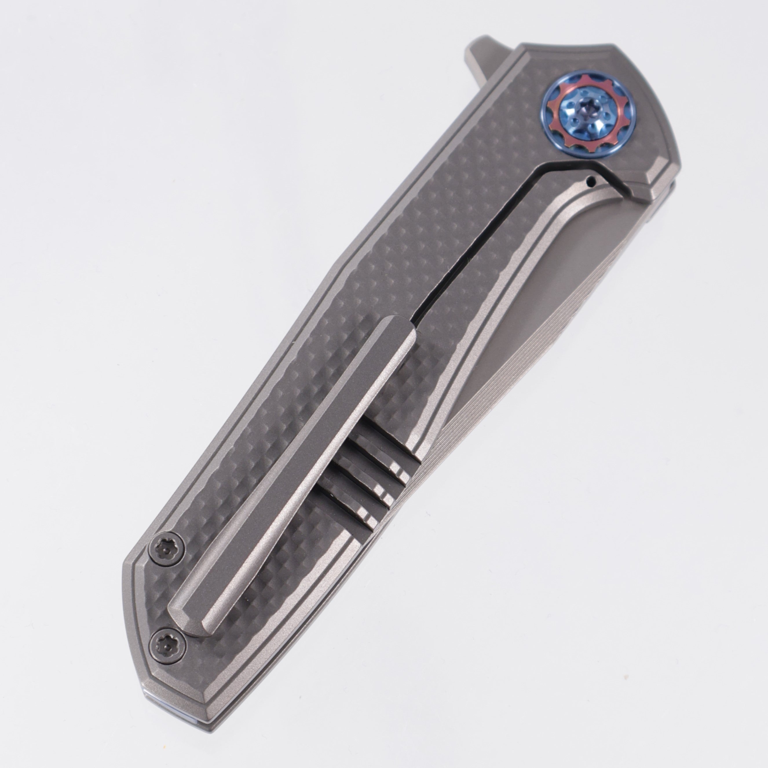 NCC Knives Ragnarok V3 #19 - Gunmetal Gray Pyramid Milled Titanium Scales w/ Blue & Rose Gold Ti Accents - Glassblast S45VN Clip Point Tanto