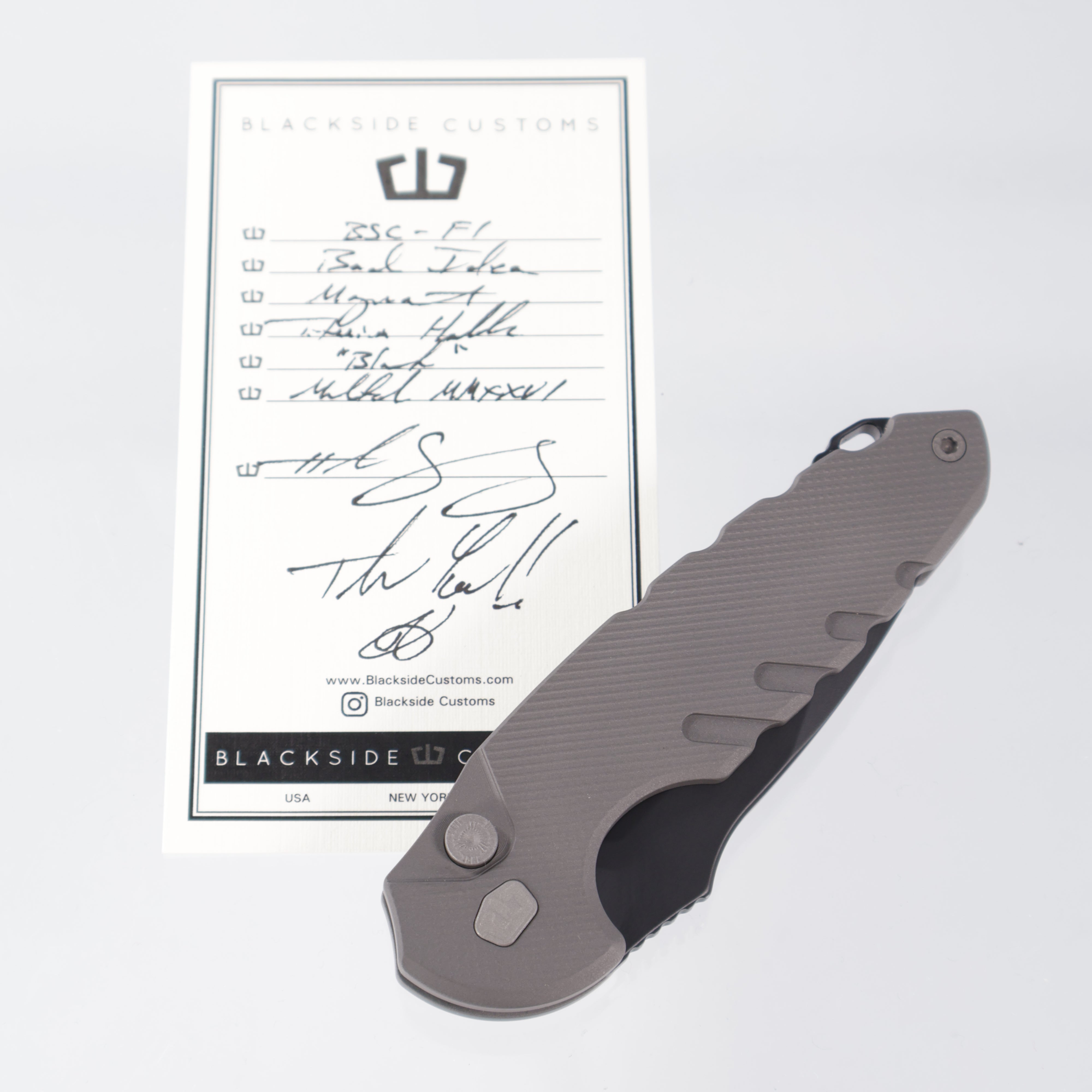 Blackside Customs Bad Idea Auto - Grey Matter Titanium Handle - Triple Black Magnacut - Titanium Hardware & Clip - BSC-F1
