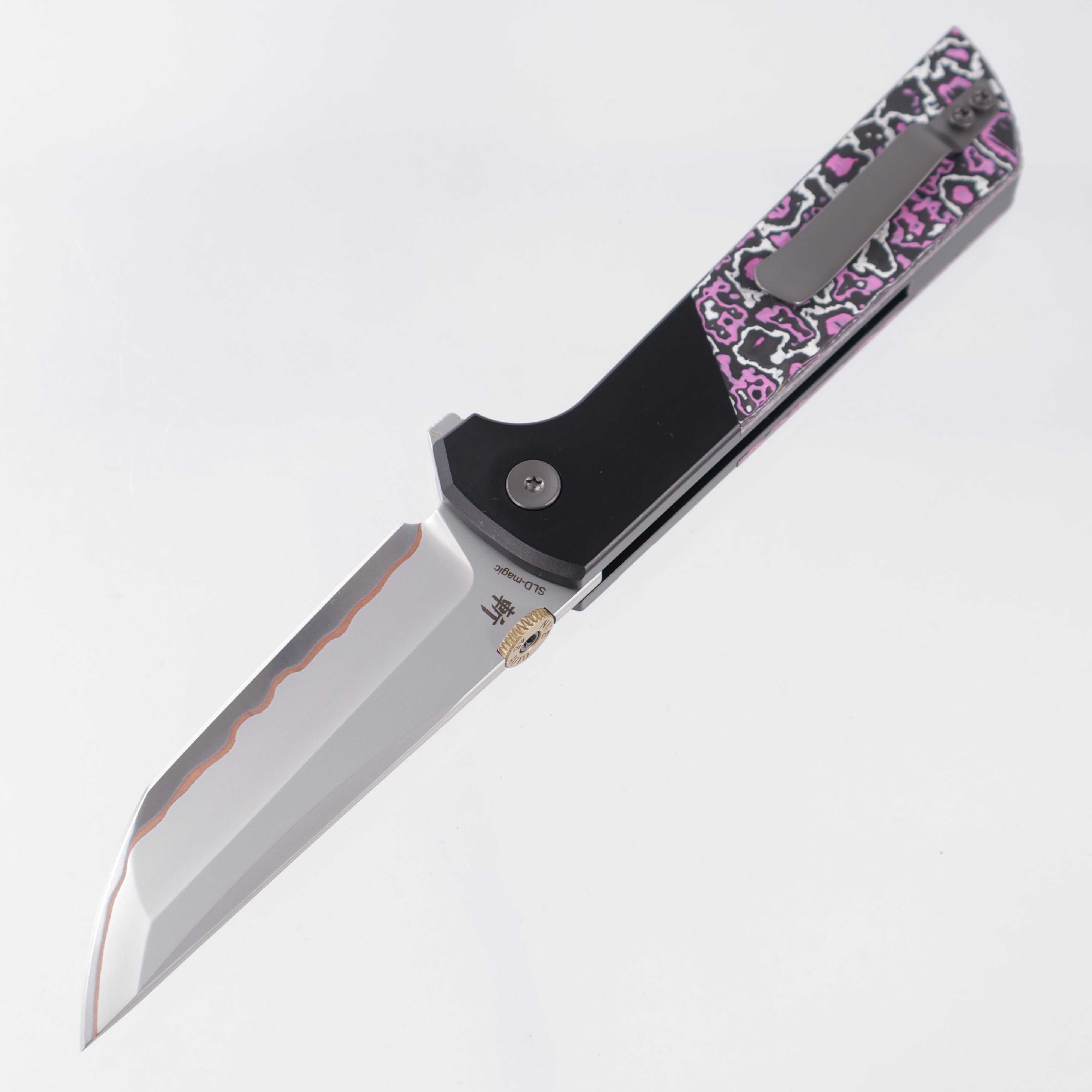North Mountain Blade Chop 2 - Black Aluminum w/ Pink & White Flourescent Carbon Fiber Overlays - 5 Layer Steel w/ Copper Interlay - 2407-GlowCF-PK-5