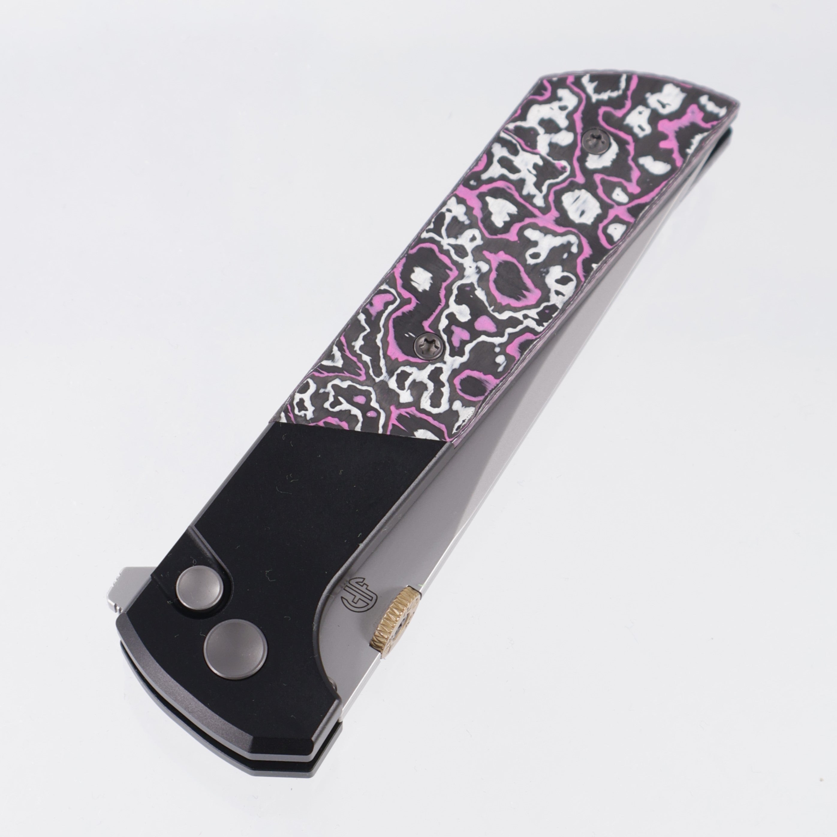 North Mountain Blade Chop 2 - Black Aluminum w/ Pink & White Flourescent Carbon Fiber Overlays - 5 Layer Steel w/ Copper Interlay - 2407-GlowCF-PK-5