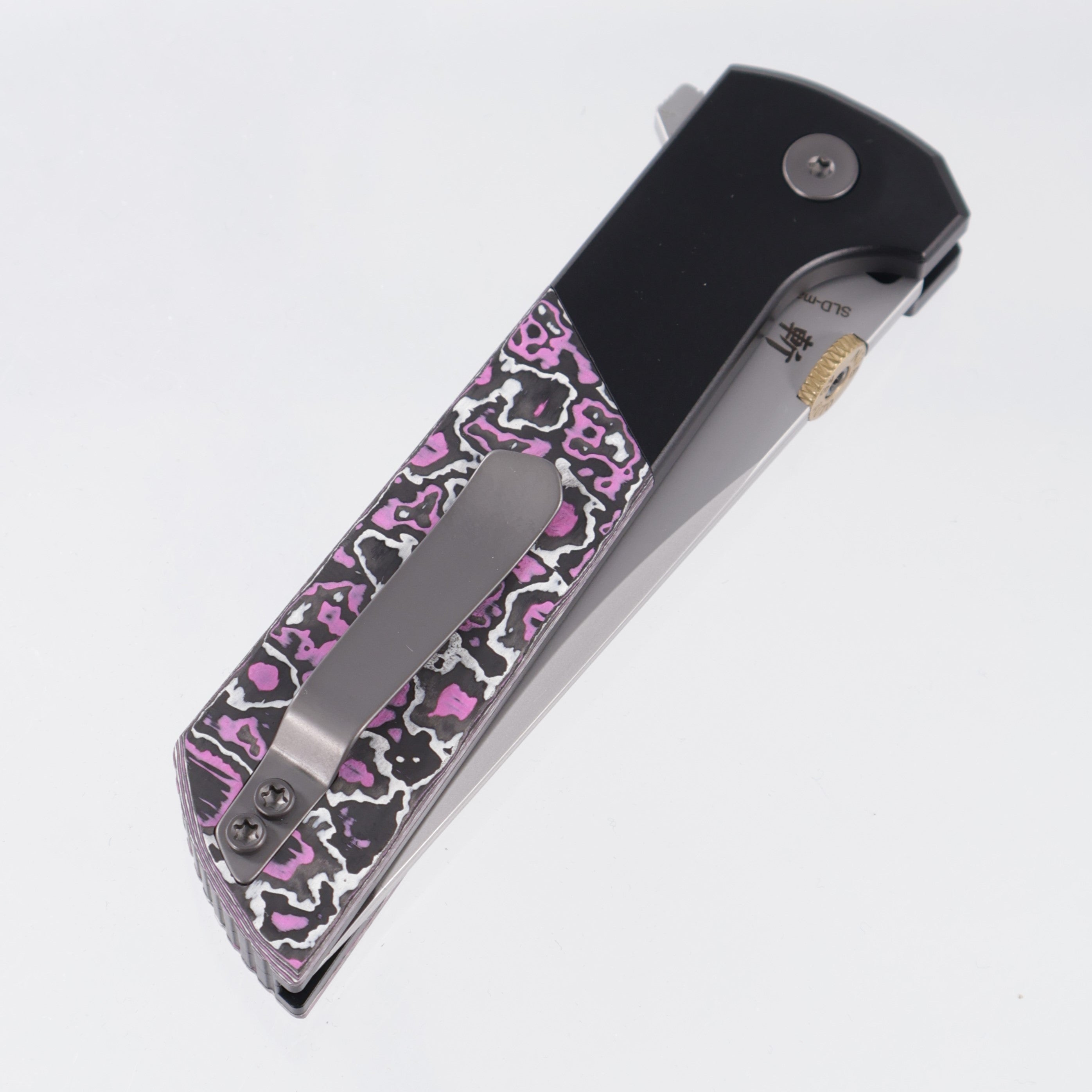 North Mountain Blade Chop 2 - Black Aluminum w/ Pink & White Flourescent Carbon Fiber Overlays - 5 Layer Steel w/ Copper Interlay - 2407-GlowCF-PK-5