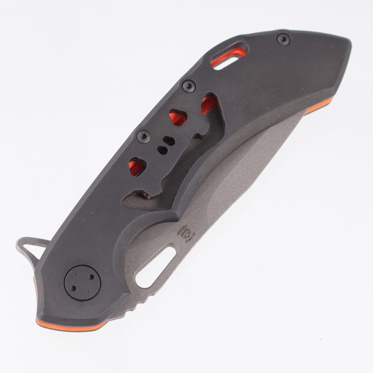 Olamic Custom Wayfarer 247 Drop Point - Halloween 26 Edition - Aphotic Black/Orange Gunkote Titanium w/ Jack O Lantern Cutout - Acid Wash M390