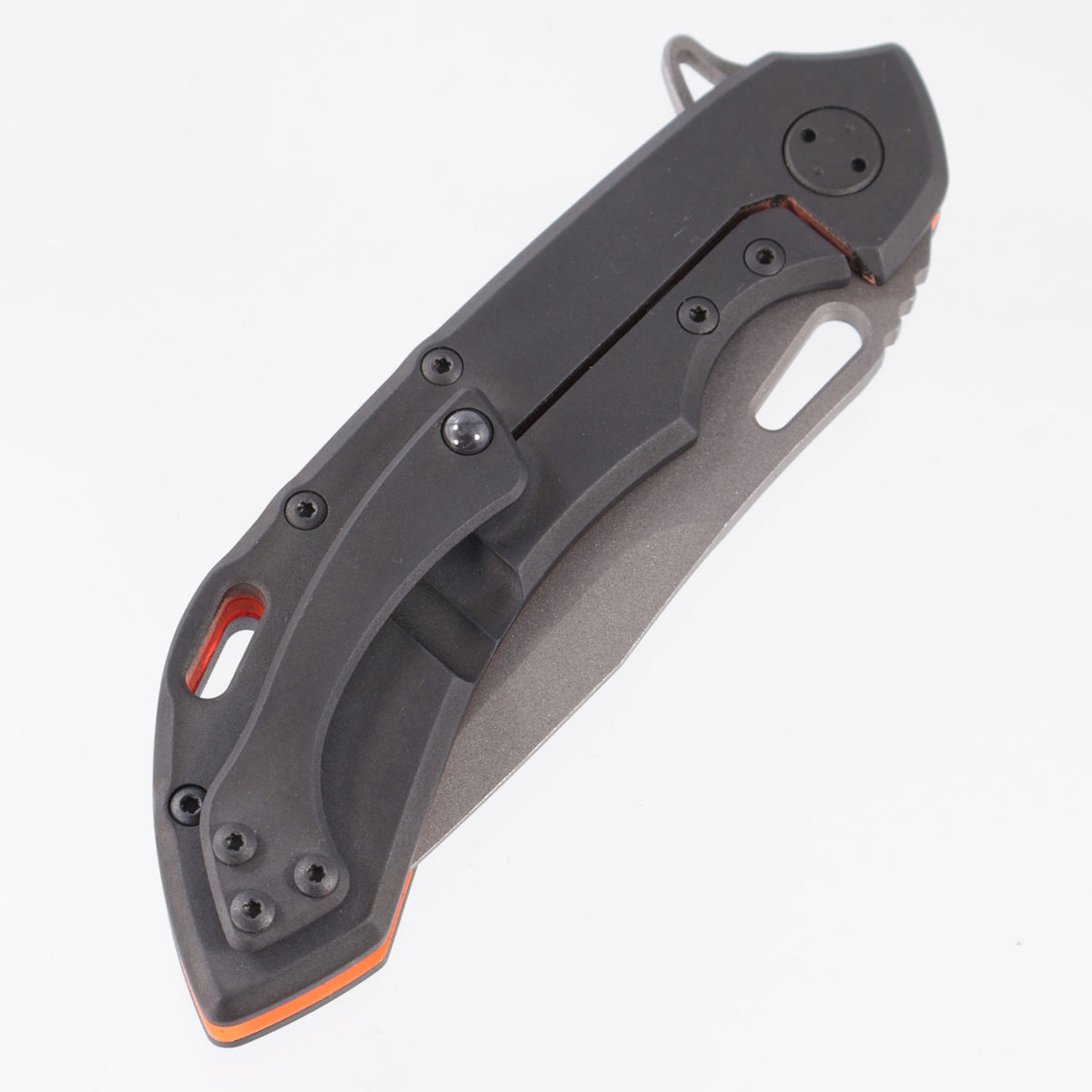 Olamic Custom Wayfarer 247 Drop Point - Halloween 26 Edition - Aphotic Black/Orange Gunkote Titanium w/ Jack O Lantern Cutout - Acid Wash M390