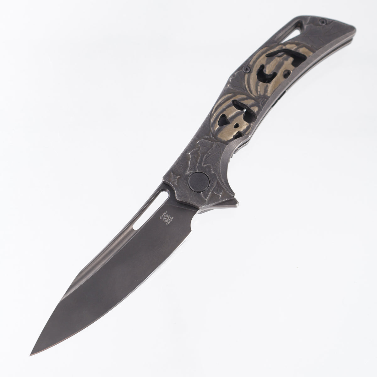 Olamic Custom Swish Drop Point - Halloween 26 Edition - Black & Bronze Jack O Lantern Hand Carving - PVD Washed Elmax - One Off