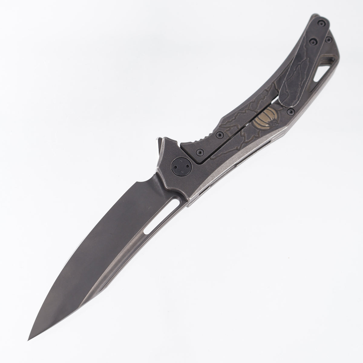 Olamic Custom Swish Drop Point - Halloween 26 Edition - Black & Bronze Jack O Lantern Hand Carving - PVD Washed Elmax - One Off