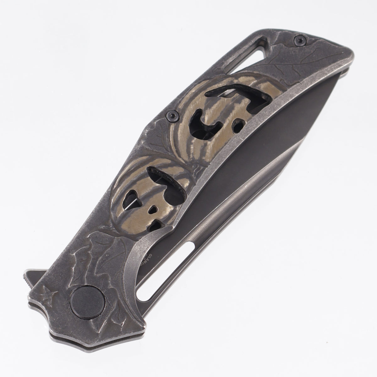 Olamic Custom Swish Drop Point - Halloween 26 Edition - Black & Bronze Jack O Lantern Hand Carving - PVD Washed Elmax - One Off