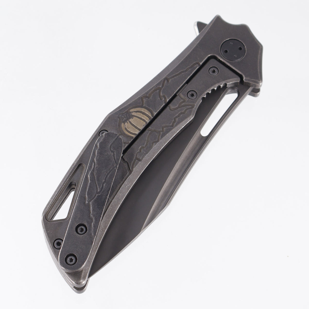 Olamic Custom Swish Drop Point - Halloween 26 Edition - Black & Bronze Jack O Lantern Hand Carving - PVD Washed Elmax - One Off