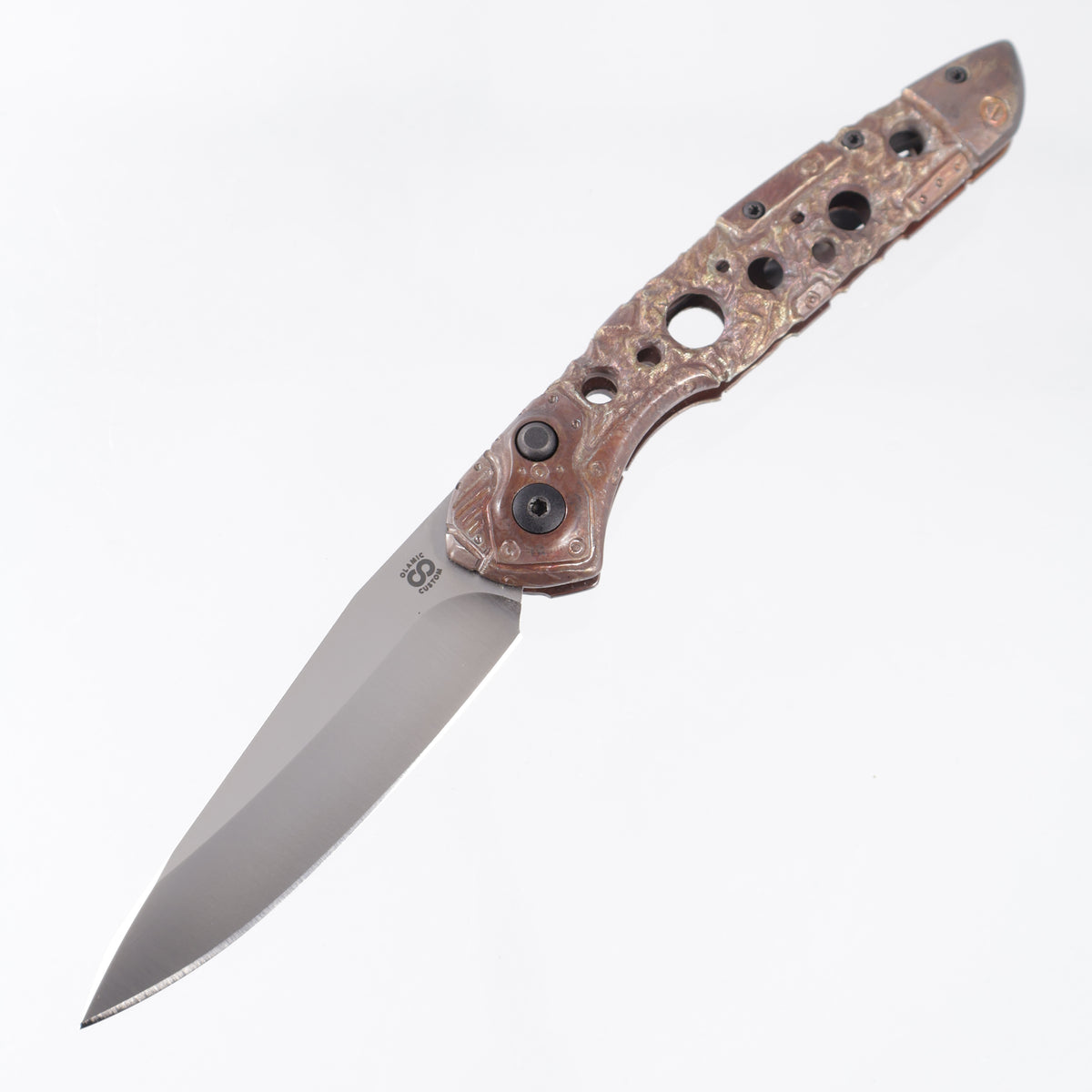 Olamic Custom Aura Automatic Drop Point - Hand Carved Antique Finish Metal Trash Titanium - Satin 20CV - One Off