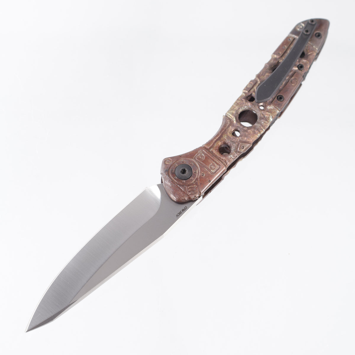 Olamic Custom Aura Automatic Drop Point - Hand Carved Antique Finish Metal Trash Titanium - Satin 20CV - One Off