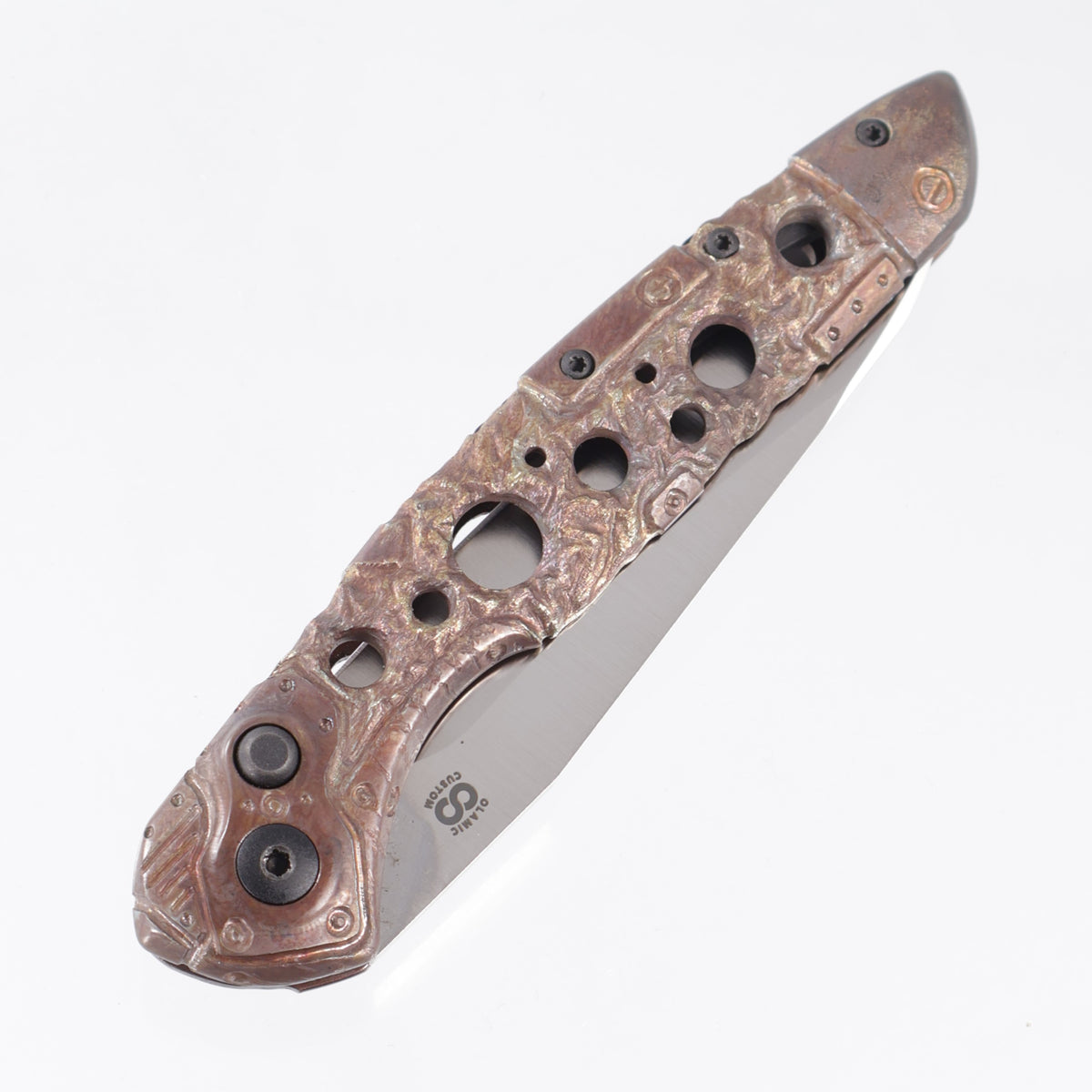 Olamic Custom Aura Automatic Drop Point - Hand Carved Antique Finish Metal Trash Titanium - Satin 20CV - One Off