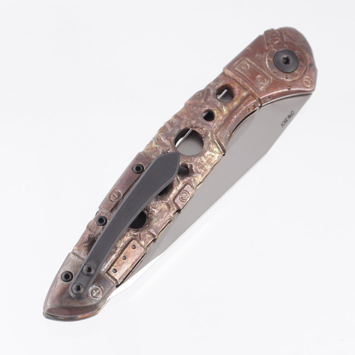 Olamic Custom Aura Automatic Drop Point - Hand Carved Antique Finish Metal Trash Titanium - Satin 20CV - One Off