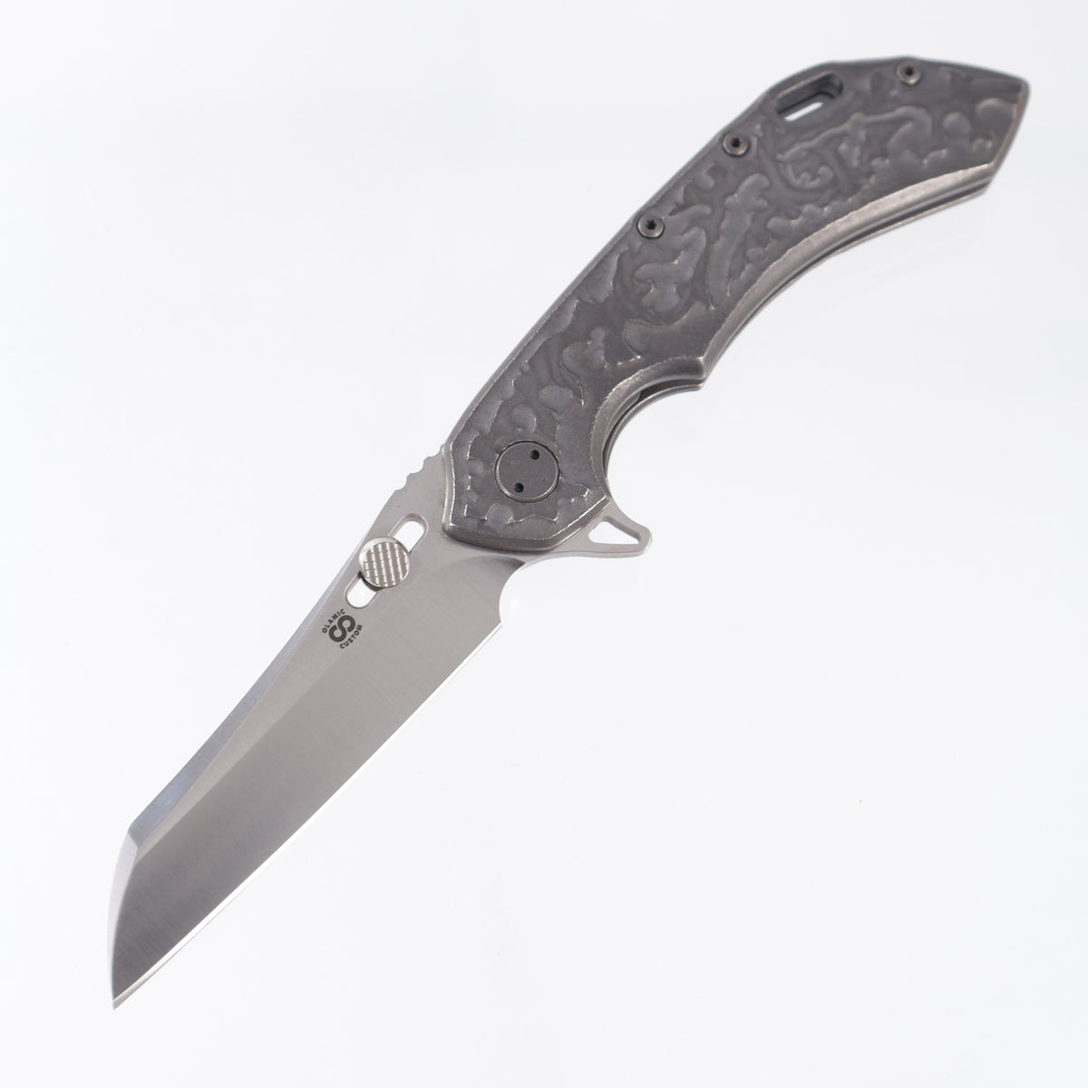 Olamic Custom Wayfarer 247 Wharncliffe - Hand Carved Blackwash Thistle Pattern Titanium - Satin S90V