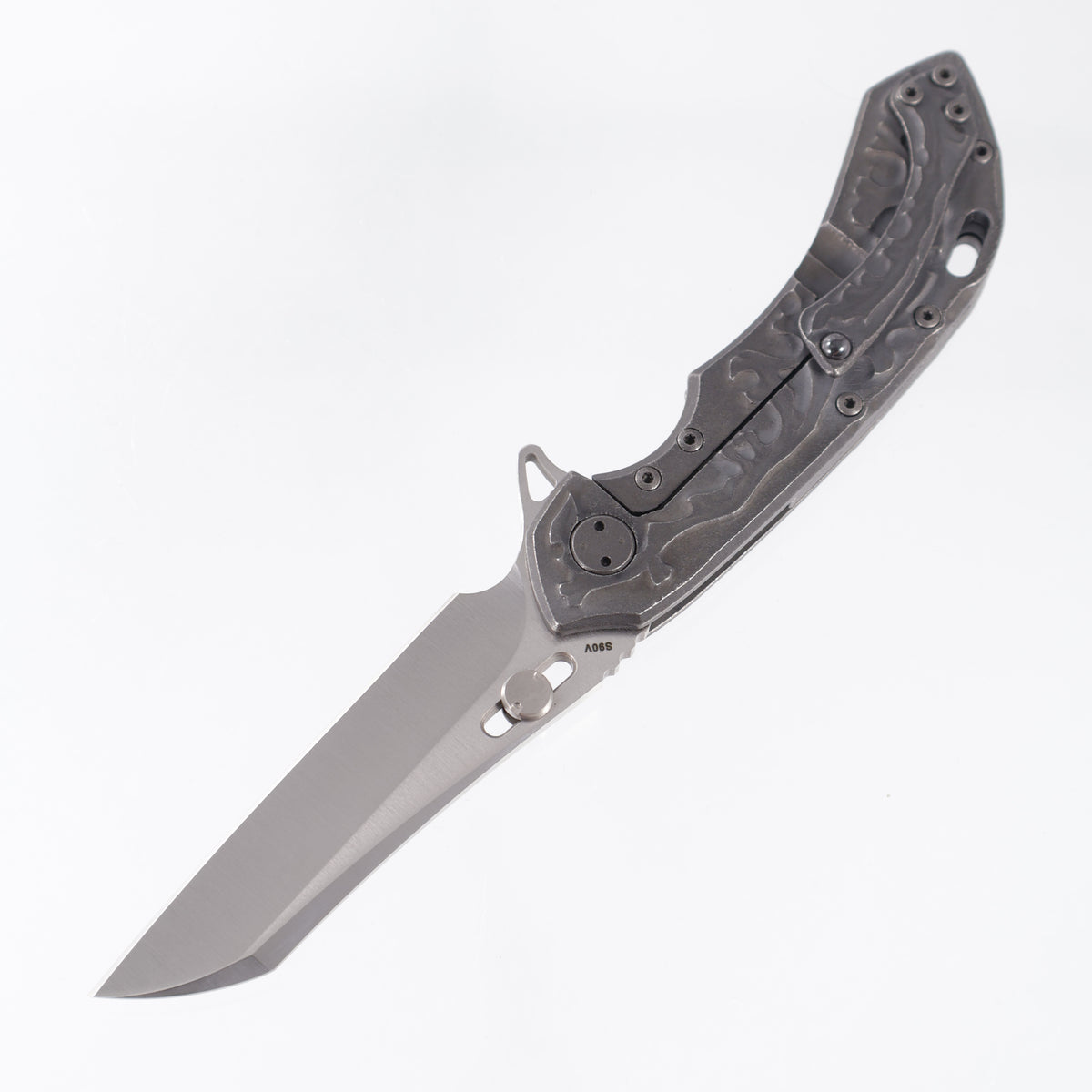 Olamic Custom Wayfarer 247 Wharncliffe - Hand Carved Blackwash Thistle Pattern Titanium - Satin S90V