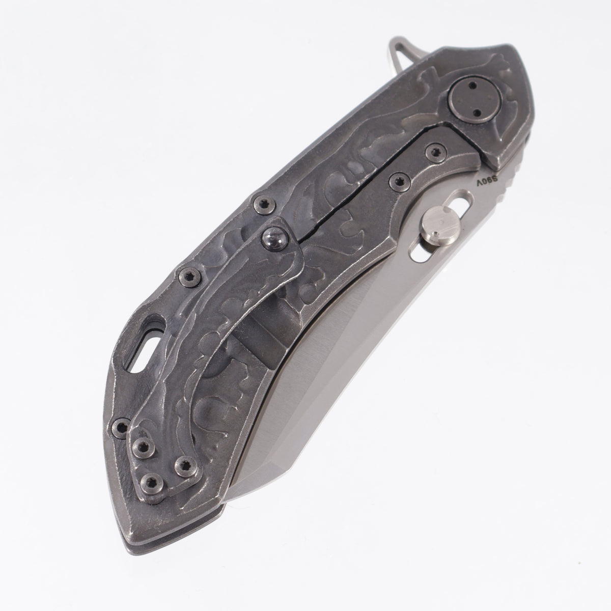 Olamic Custom Wayfarer 247 Wharncliffe - Hand Carved Blackwash Thistle Pattern Titanium - Satin S90V