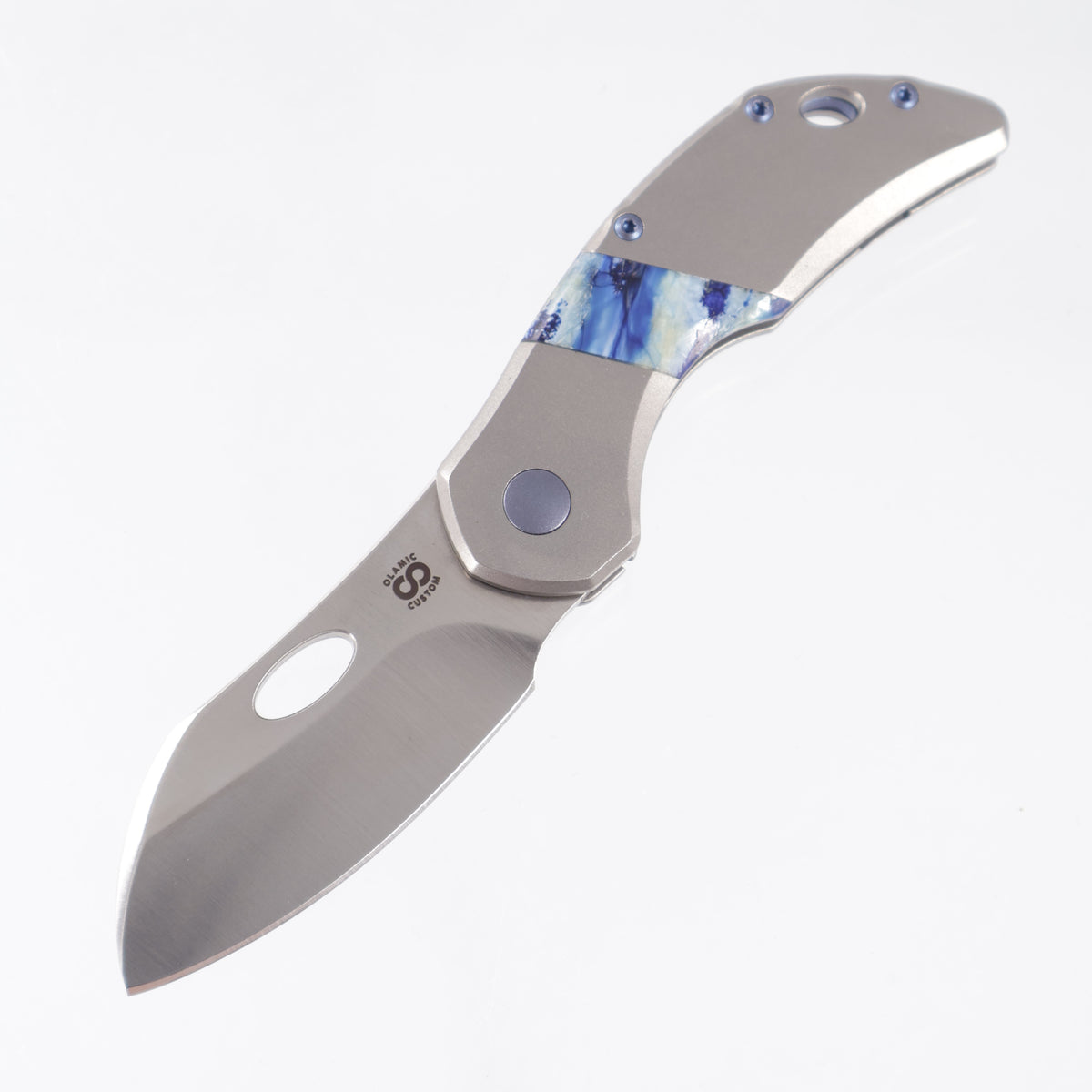 Olamic Custom Busker 365 Largo - Zirblast Titanium w/ Mammoth Molar Stripe & Blue Ti Hardware - Satin M390