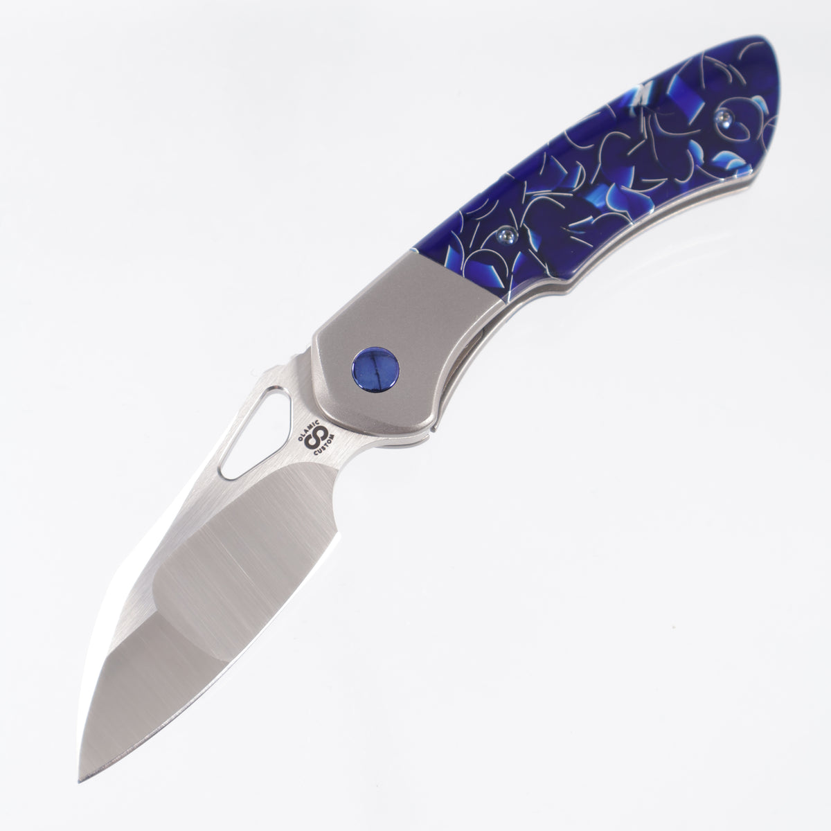 Olamic Custom Whipper Snapper Bolster Lock Wharnfoot - Zirblast Titanium w/ Blue Raffir Sparkle & Blue Hardware - Satin Mike Irie Compound Grind M390