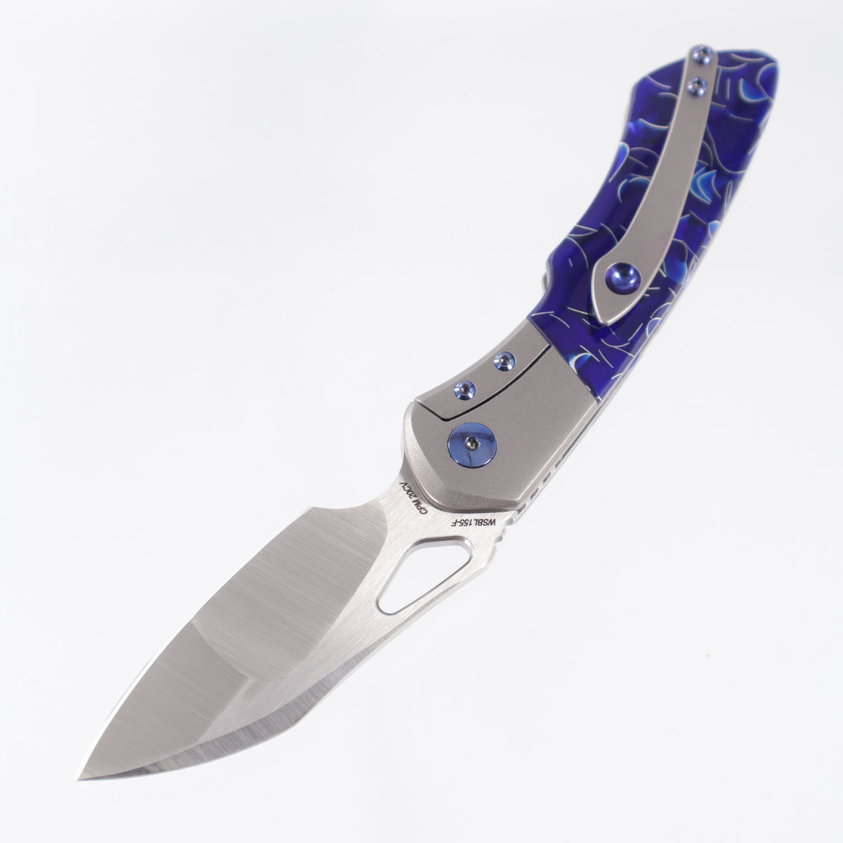 Olamic Custom Whipper Snapper Bolster Lock Wharnfoot - Zirblast Titanium w/ Blue Raffir Sparkle & Blue Hardware - Satin Mike Irie Compound Grind M390