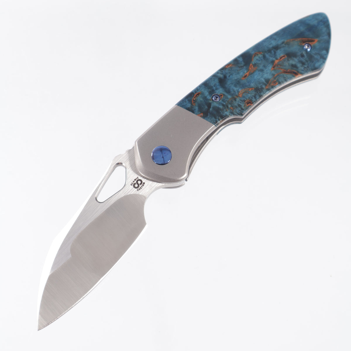 Olamic Custom Whipper Snapper Bolster Lock Wharnfoot - Zirblast Titanium w/ Karelian Birch & Blue Hardware - Satin Mike Irie Compound Grind M390