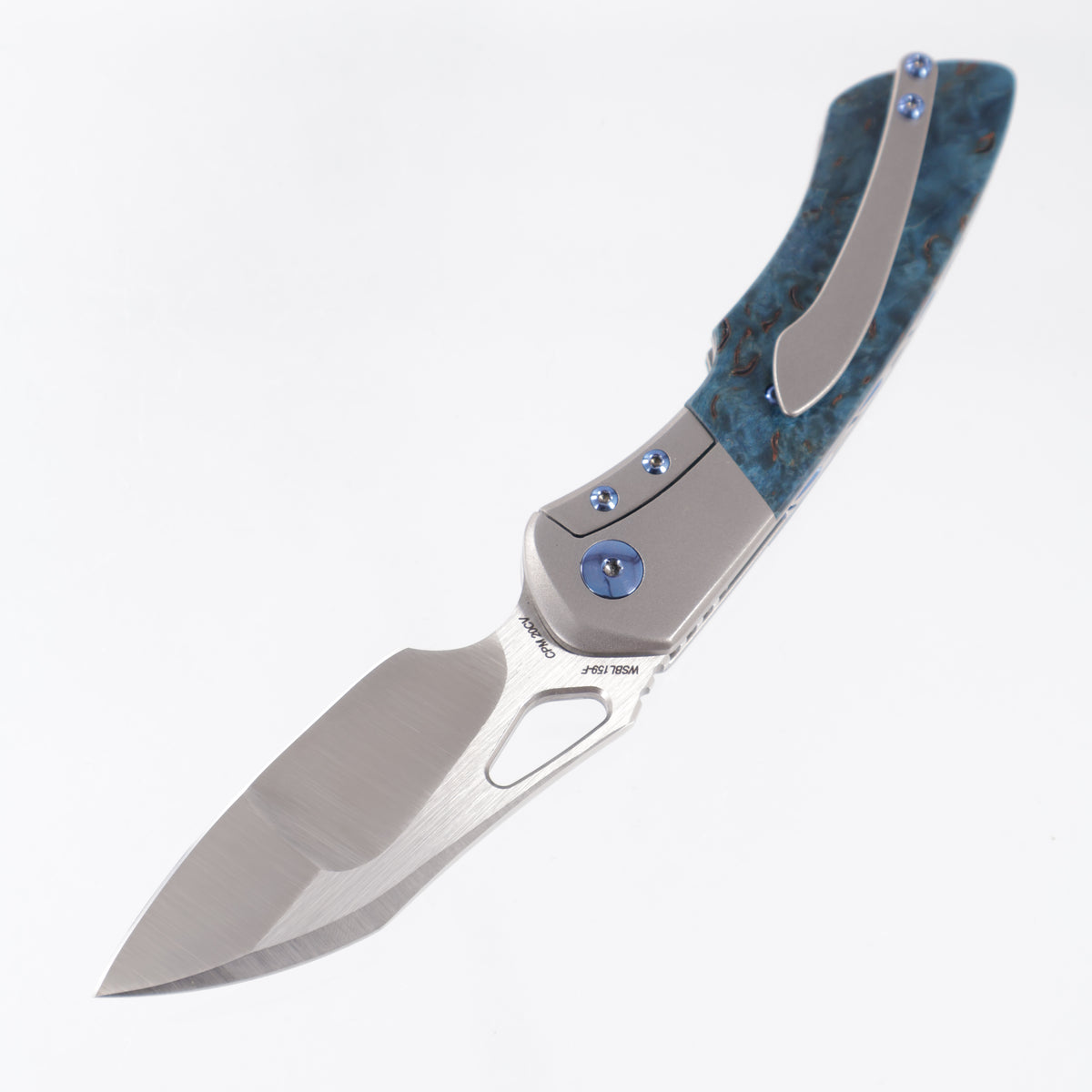 Olamic Custom Whipper Snapper Bolster Lock Wharnfoot - Zirblast Titanium w/ Karelian Birch & Blue Hardware - Satin Mike Irie Compound Grind M390
