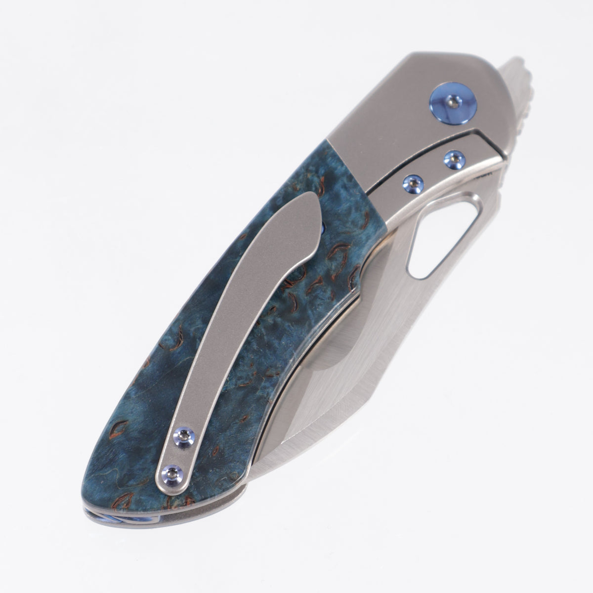 Olamic Custom Whipper Snapper Bolster Lock Wharnfoot - Zirblast Titanium w/ Karelian Birch & Blue Hardware - Satin Mike Irie Compound Grind 20CV