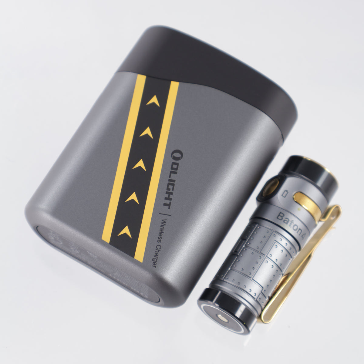 Olight Baton 4 Premium w/ Charging Case - Fighter Pilot Aluminum w/ Gold Accents - 1300 Lumen Max