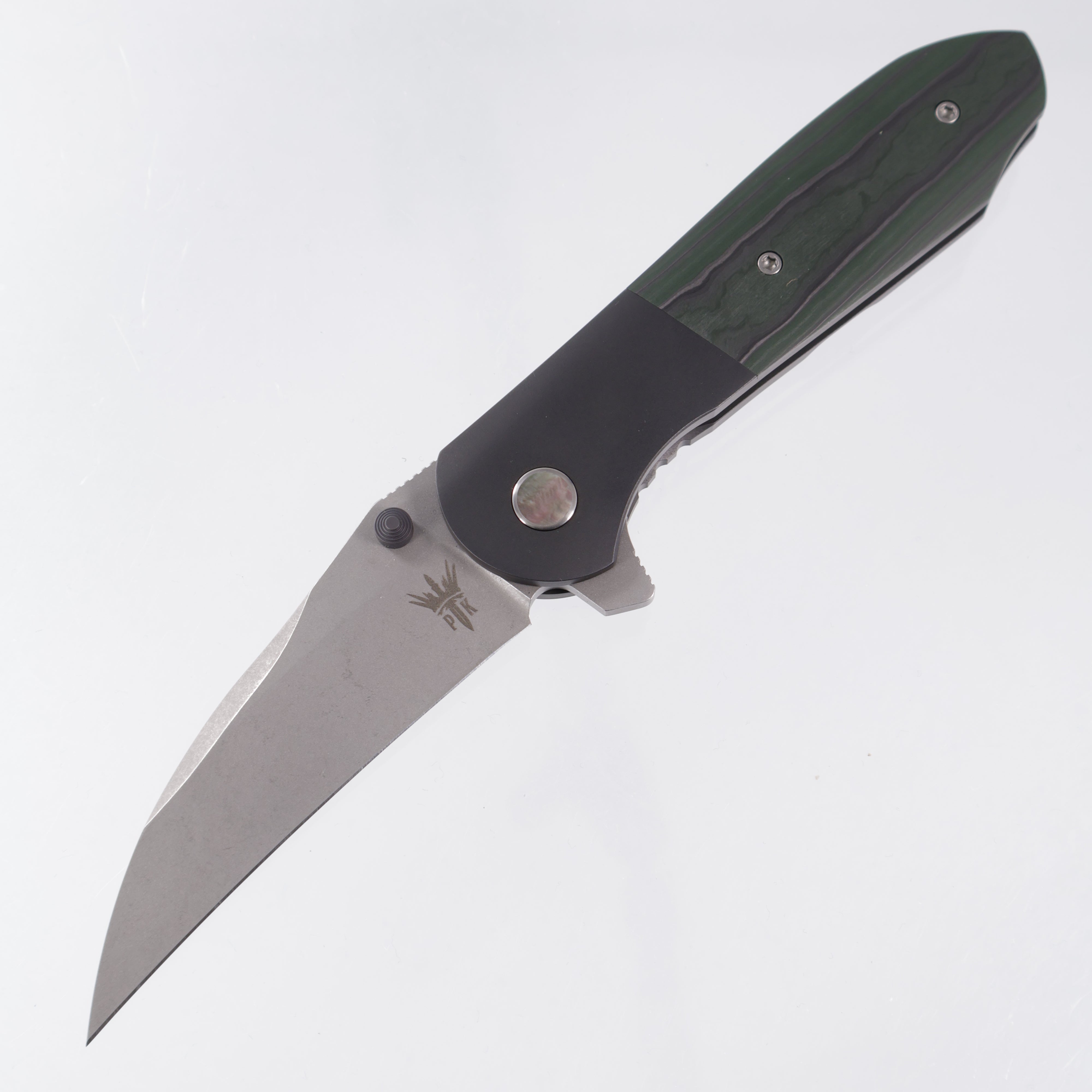 Parthenay Knives Grimoire #008 - Blackened Titanium w/ Green & Black Camo Quartz Scale & Black Lip Pearl Pivot - Stonewash CTS-XHP
