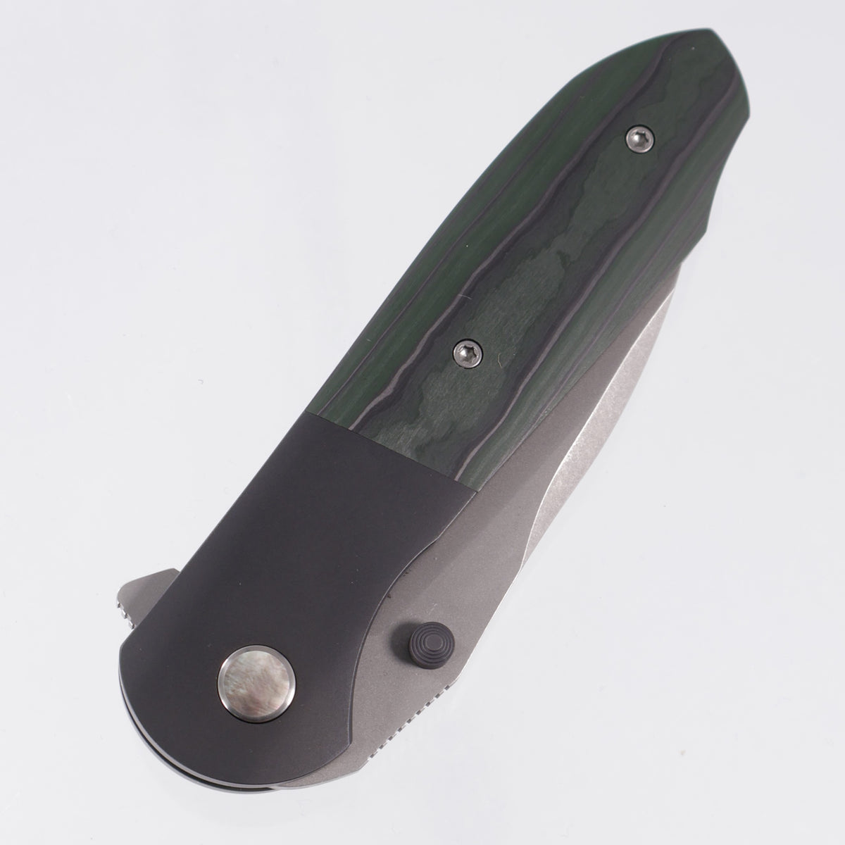 Parthenay Knives Grimoire #008 - Blackened Titanium w/ Green & Black Camo Quartz Scale & Black Lip Pearl Pivot - Stonewash CTS-XHP