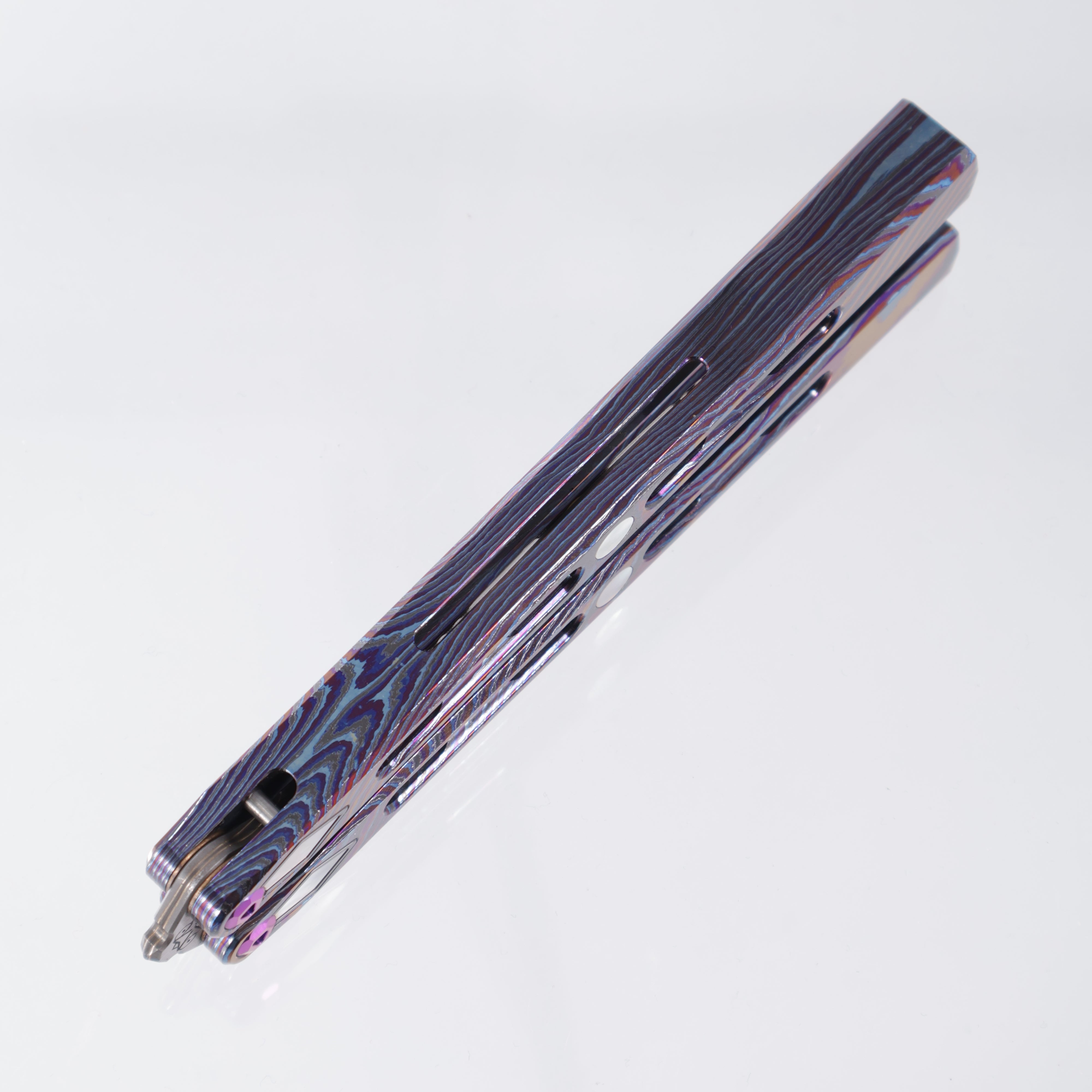 Poikilo PM1 Full Dress Hydra Balisong - PreOwned - ZircuTi Handles w/ Mother of Pearl Inlays - Baker Forge Volcanic River Blade