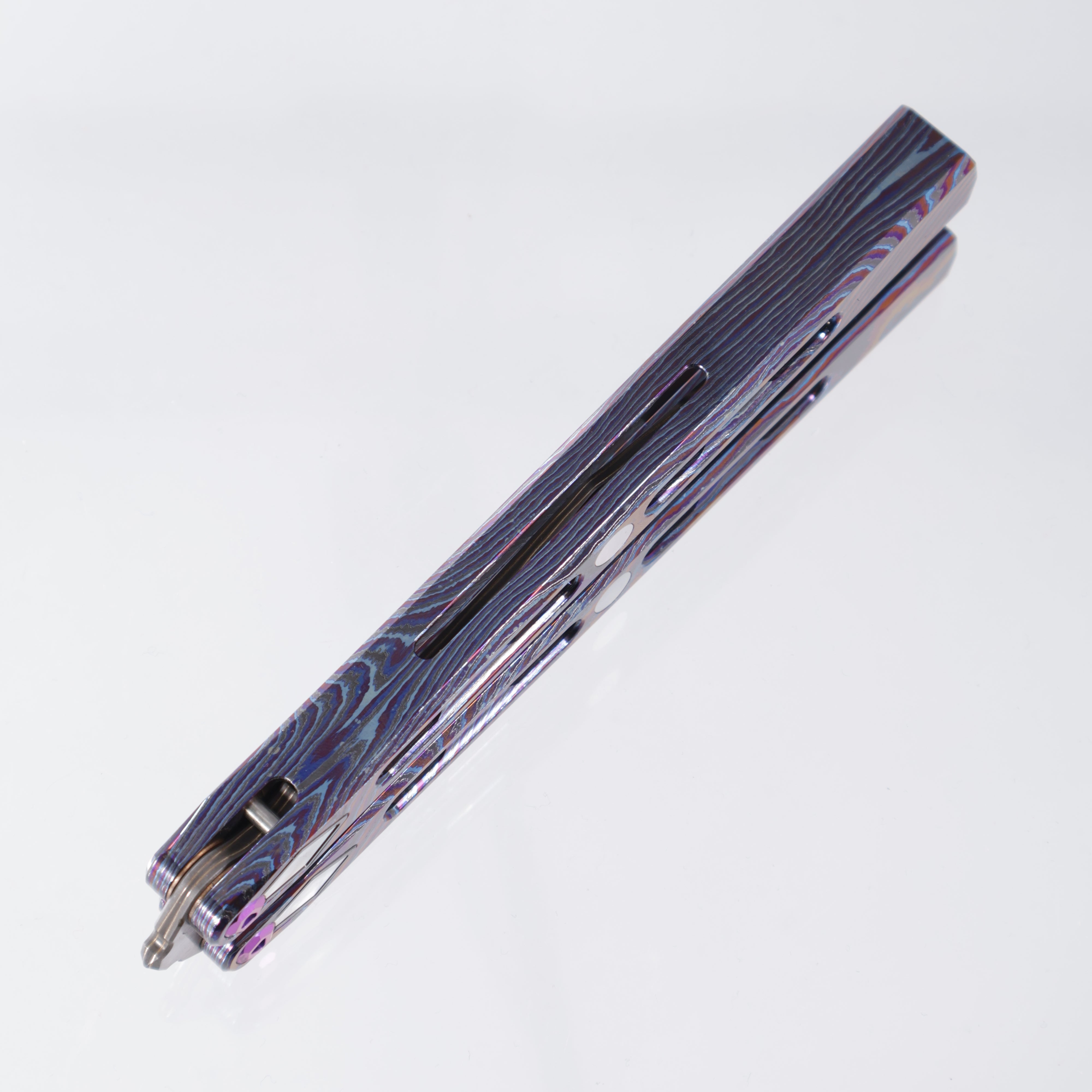 Poikilo PM1 Full Dress Hydra Balisong - PreOwned - ZircuTi Handles w/ Mother of Pearl Inlays - Baker Forge Volcanic River Blade