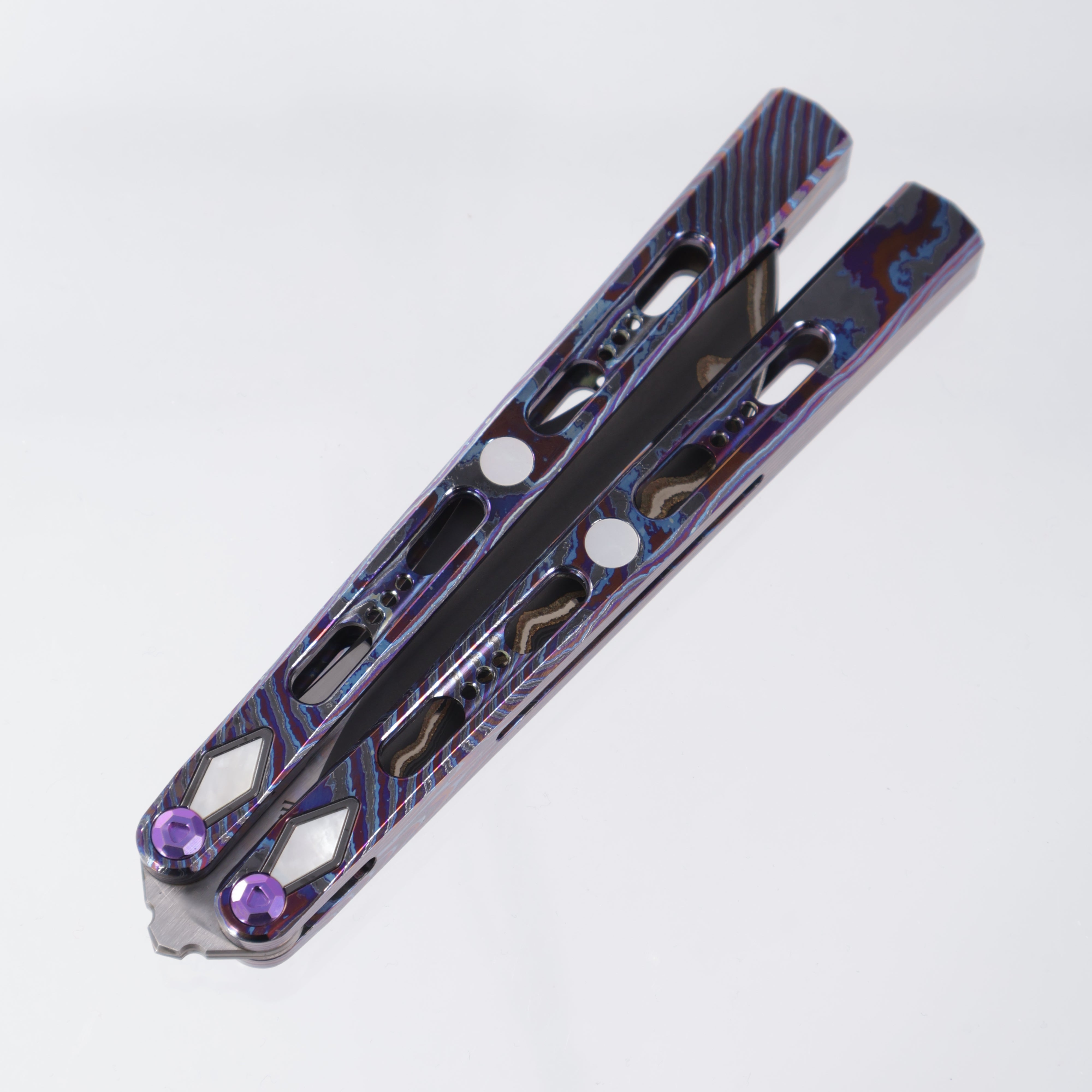 Poikilo PM1 Full Dress Hydra Balisong - PreOwned - ZircuTi Handles w/ Mother of Pearl Inlays - Baker Forge Volcanic River Blade