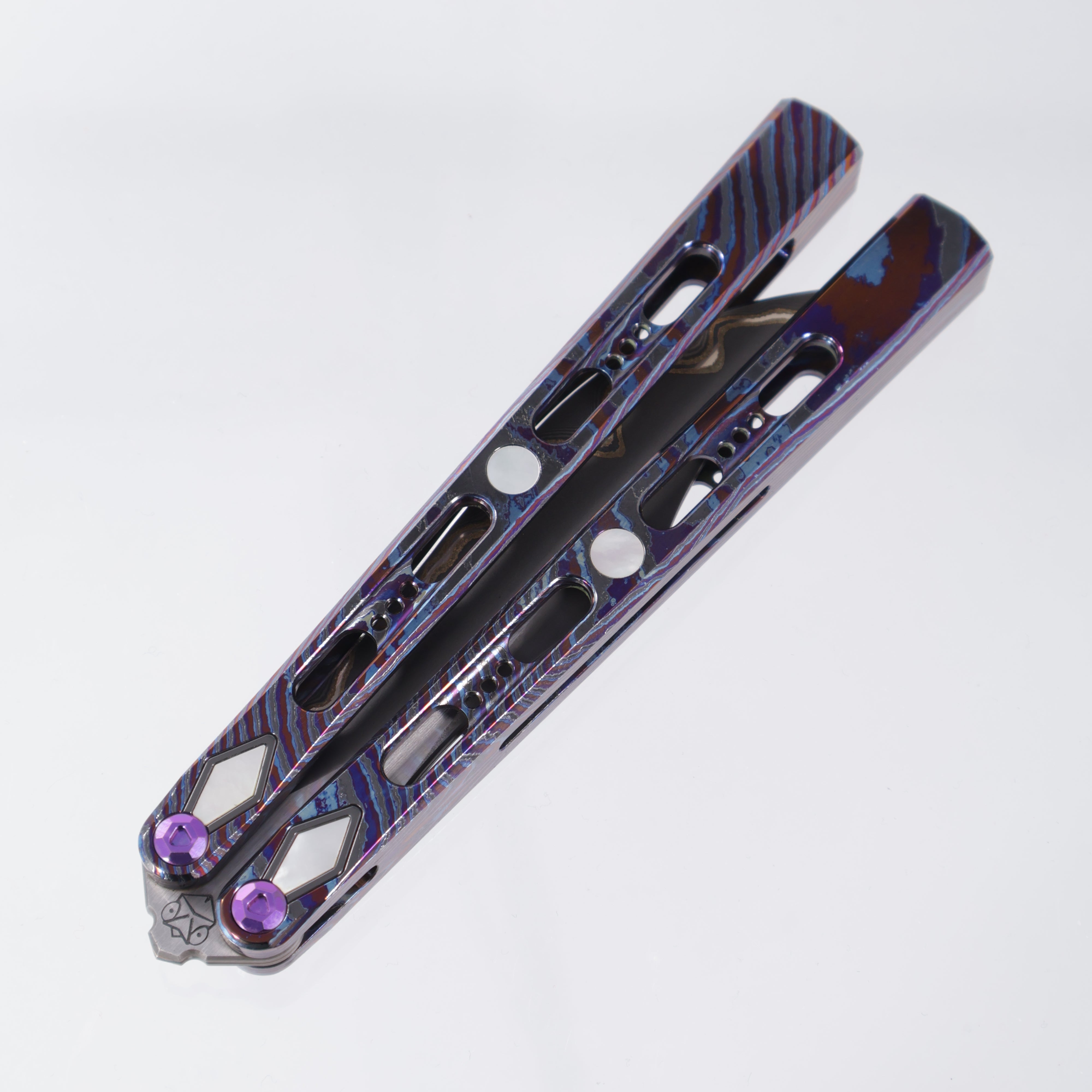 Poikilo PM1 Full Dress Hydra Balisong - PreOwned - ZircuTi Handles w/ Mother of Pearl Inlays - Baker Forge Volcanic River Blade