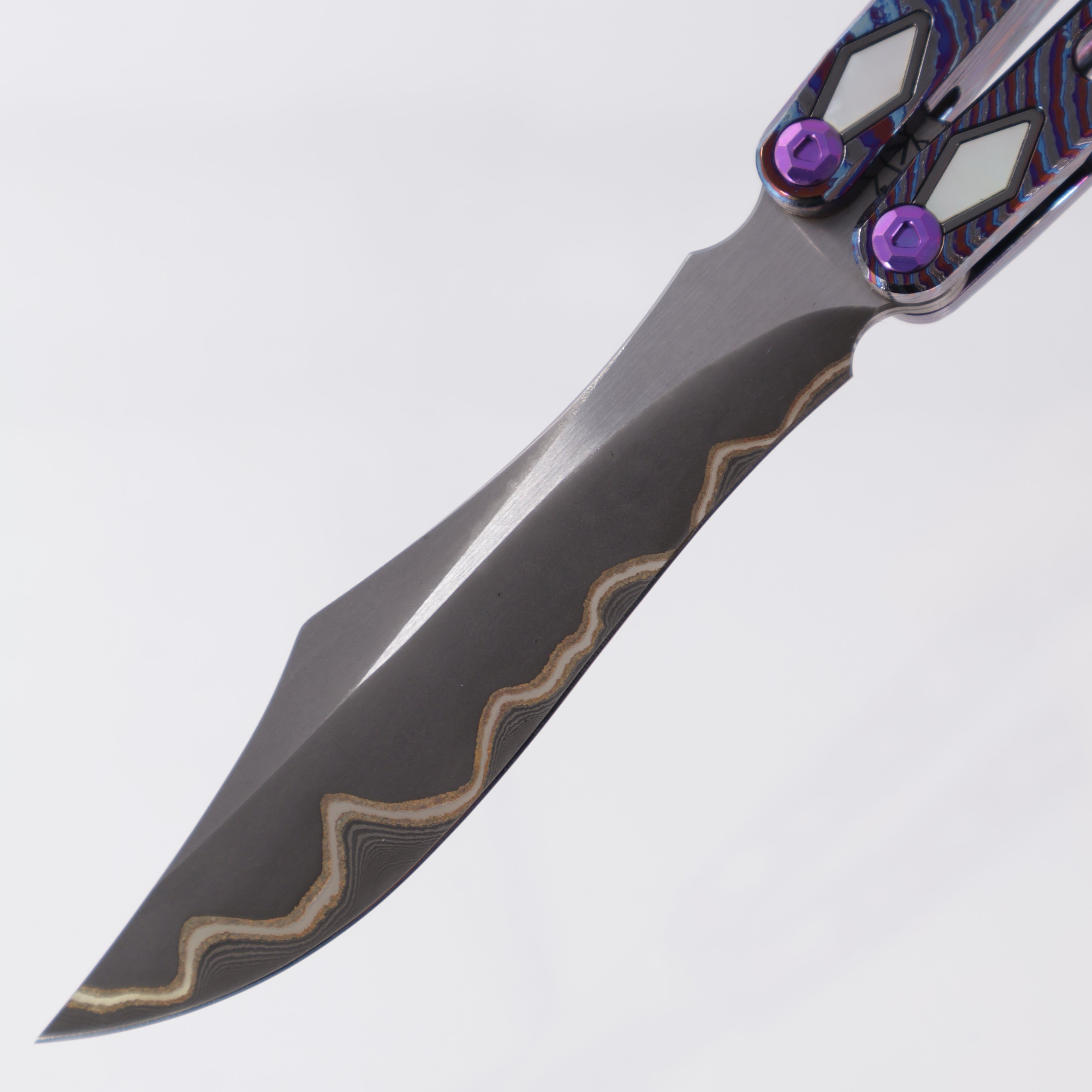 Poikilo PM1 Full Dress Hydra Balisong - PreOwned - ZircuTi Handles w/ Mother of Pearl Inlays - Baker Forge Volcanic River Blade