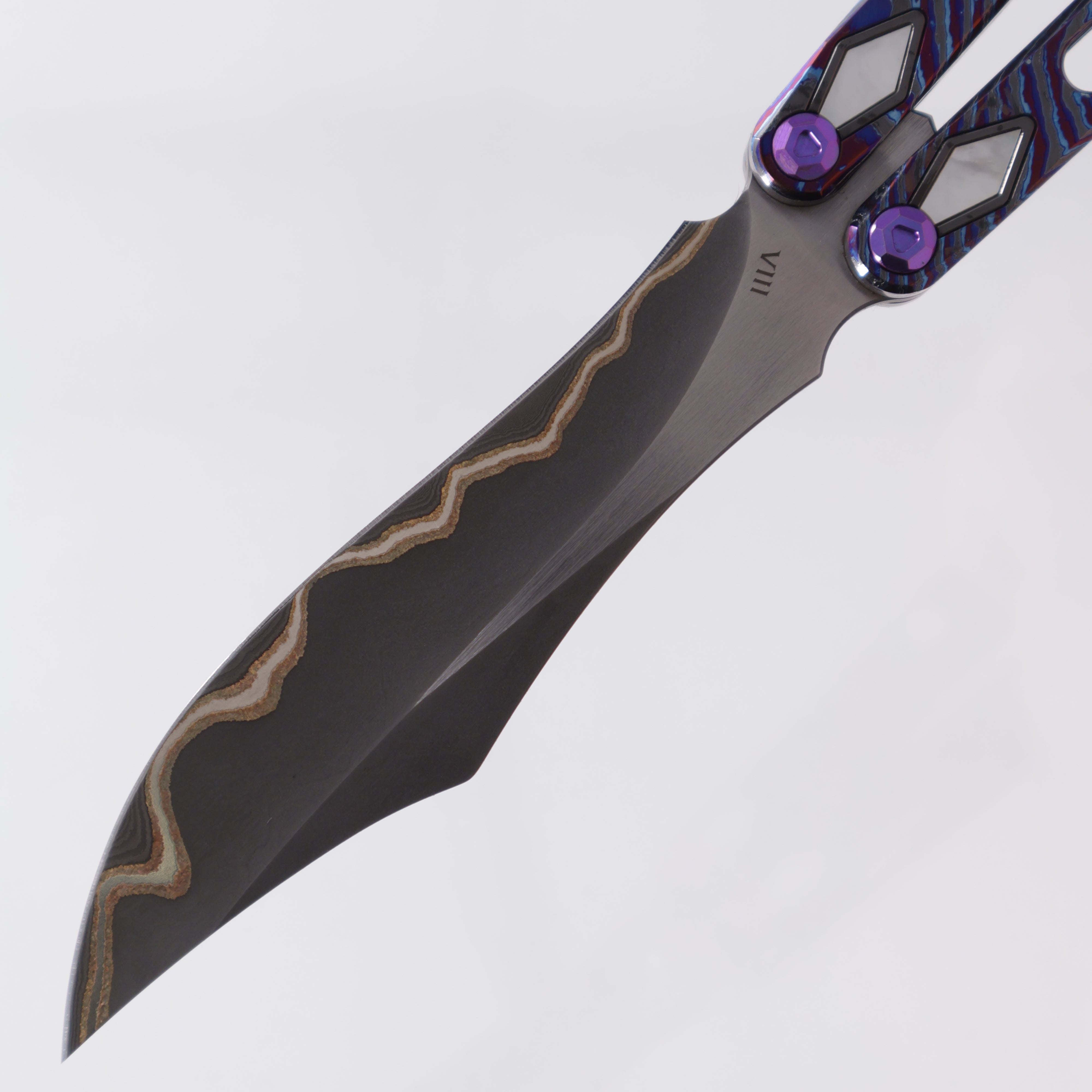 Poikilo PM1 Full Dress Hydra Balisong - PreOwned - ZircuTi Handles w/ Mother of Pearl Inlays - Baker Forge Volcanic River Blade