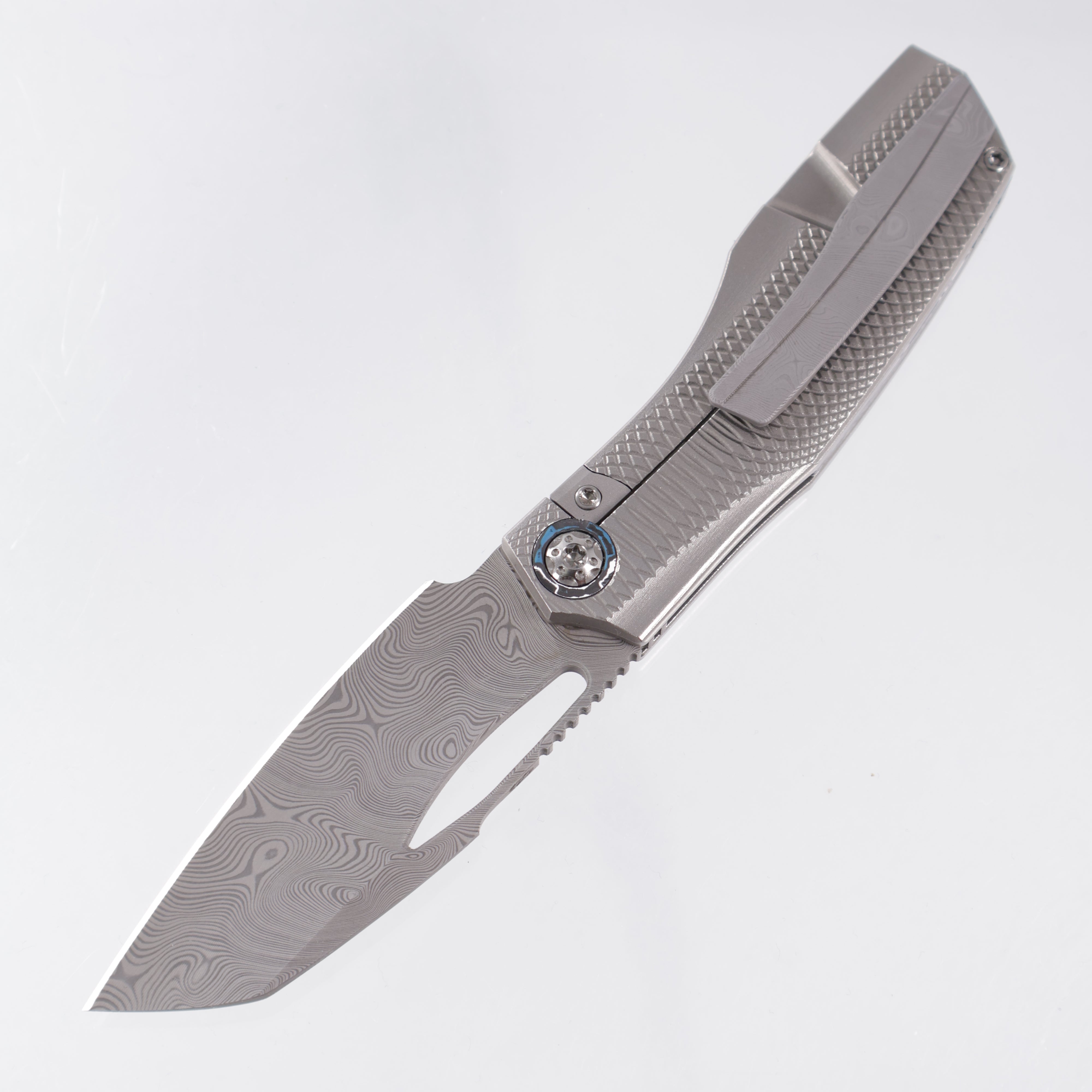 Prince Customs Protean #1012 Wharncliffe - Putter Milled Titanium w/ Arctic Frost Fat Carbon Pivot Collars / Backspacer & DS93X Damasteel Clip - DS93X Damasteel