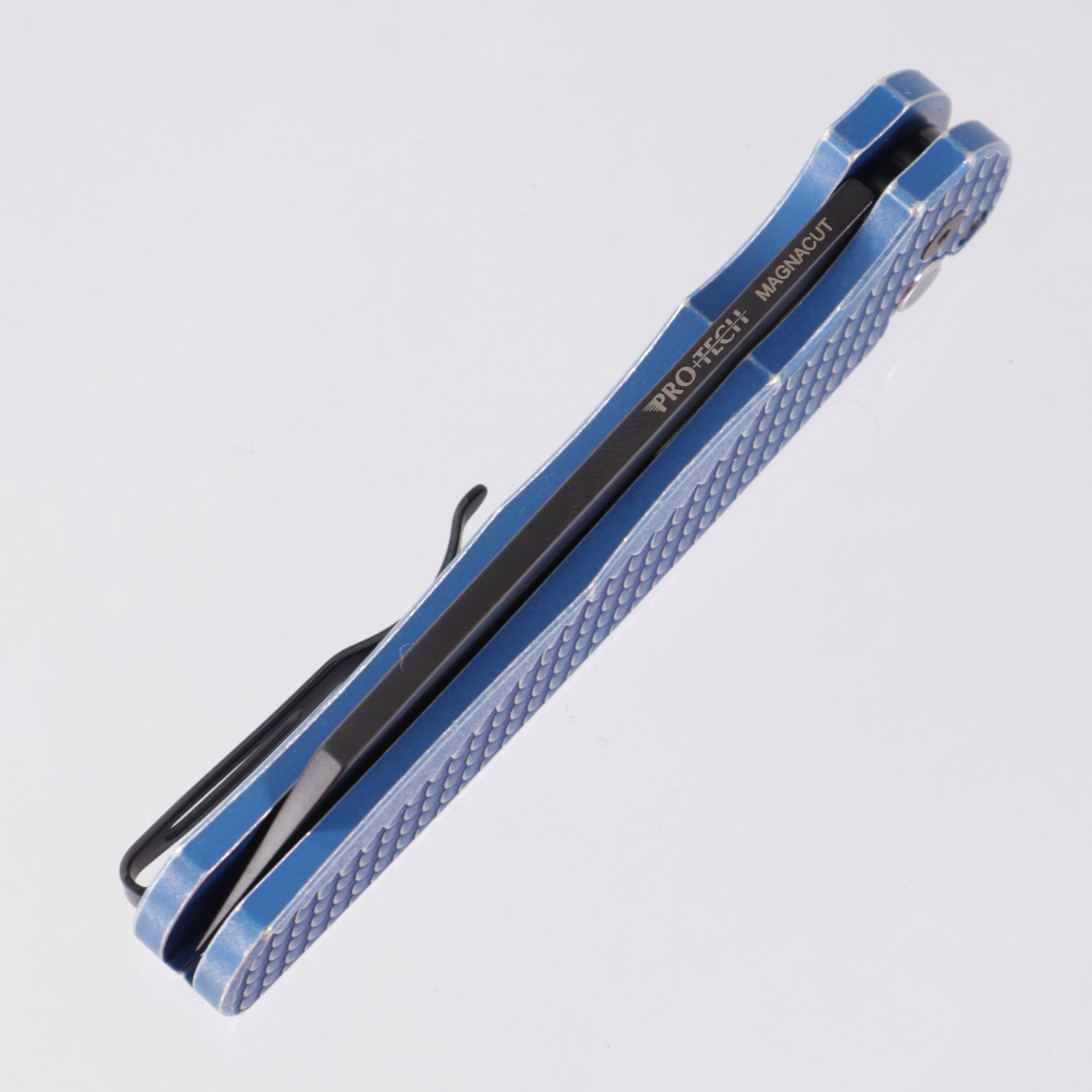 Pro-Tech Malibu - Blue Battleworn Dragonscale Texture Aluminum w/ Black Lip Pearl Button - DLC Magnacut Reverse Tanto - 5436-BW BLUE LTD