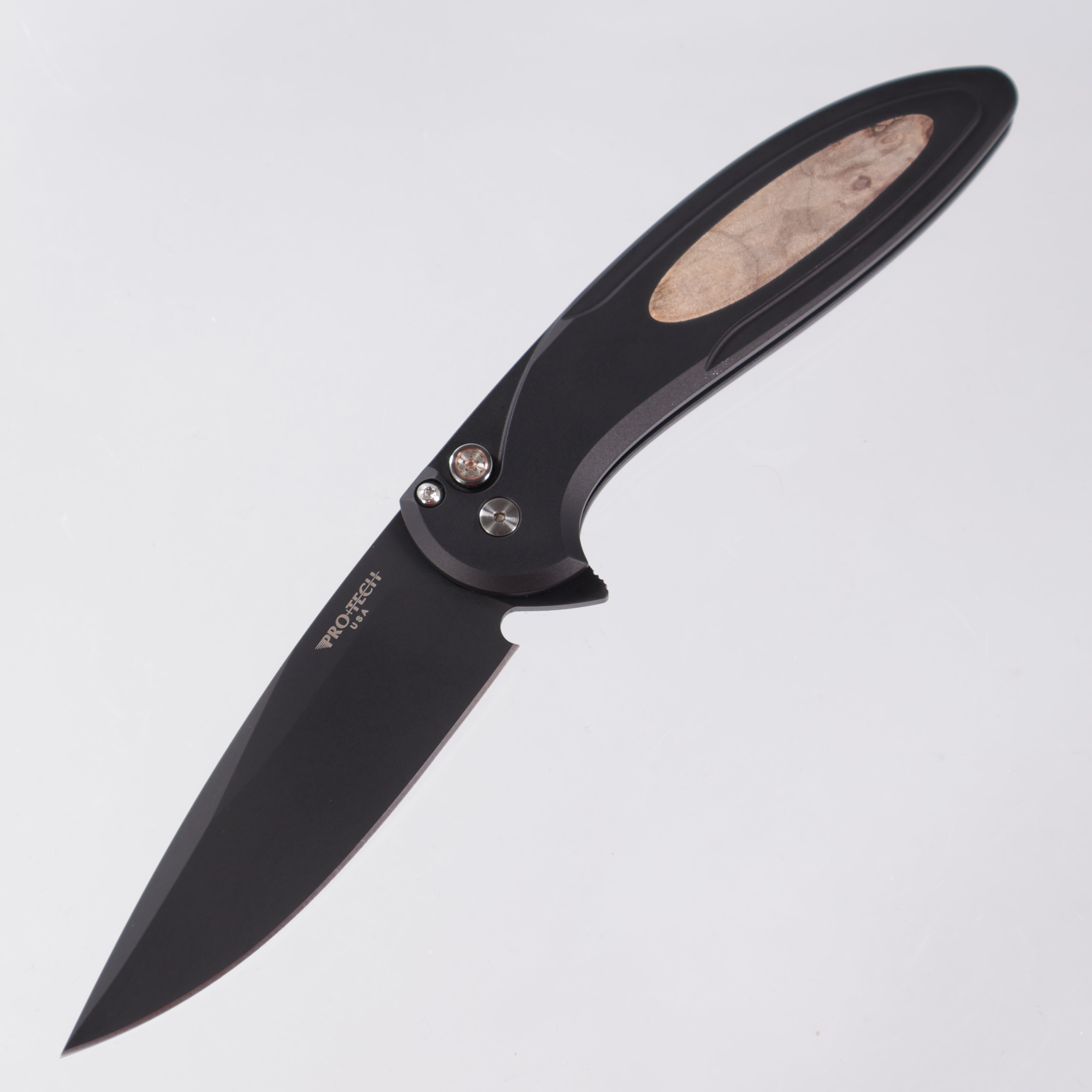 Pro-Tech Cambria 2 - Black Aluminum w/ Maple Burl Inlay & Mosaic Pin Button - DLC Magnacut - CF2103-LTD Maple