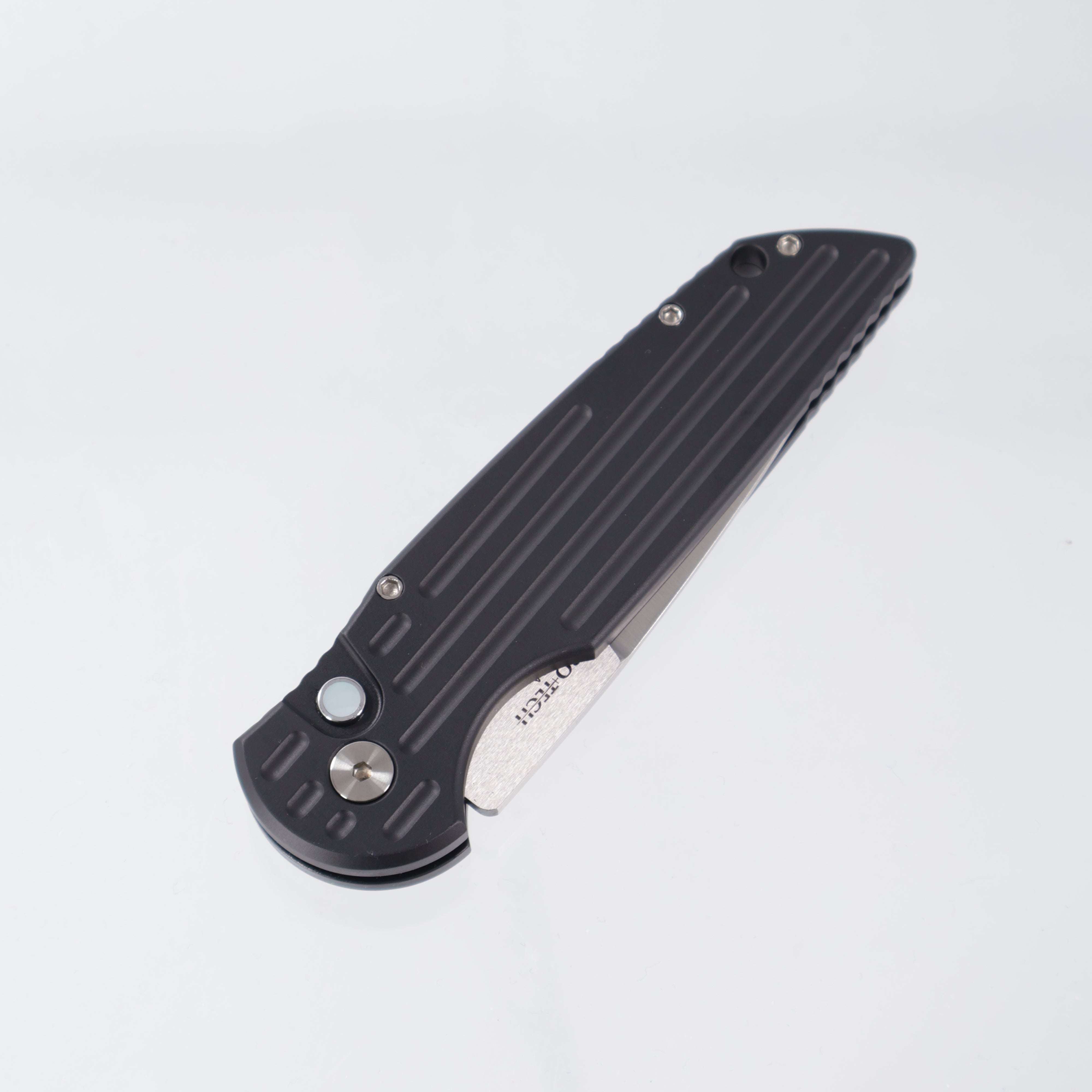Pro-Tech TR-3 Auto - Satin 154CM - Black Aluminum w/ Grooves & Pearl Button - SHOT26.TR3.2