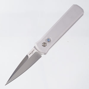 Pro-Tech Godson - Satin 154CM - Grey Aluminum & White Pearl Button - SHOT26.Godson.1