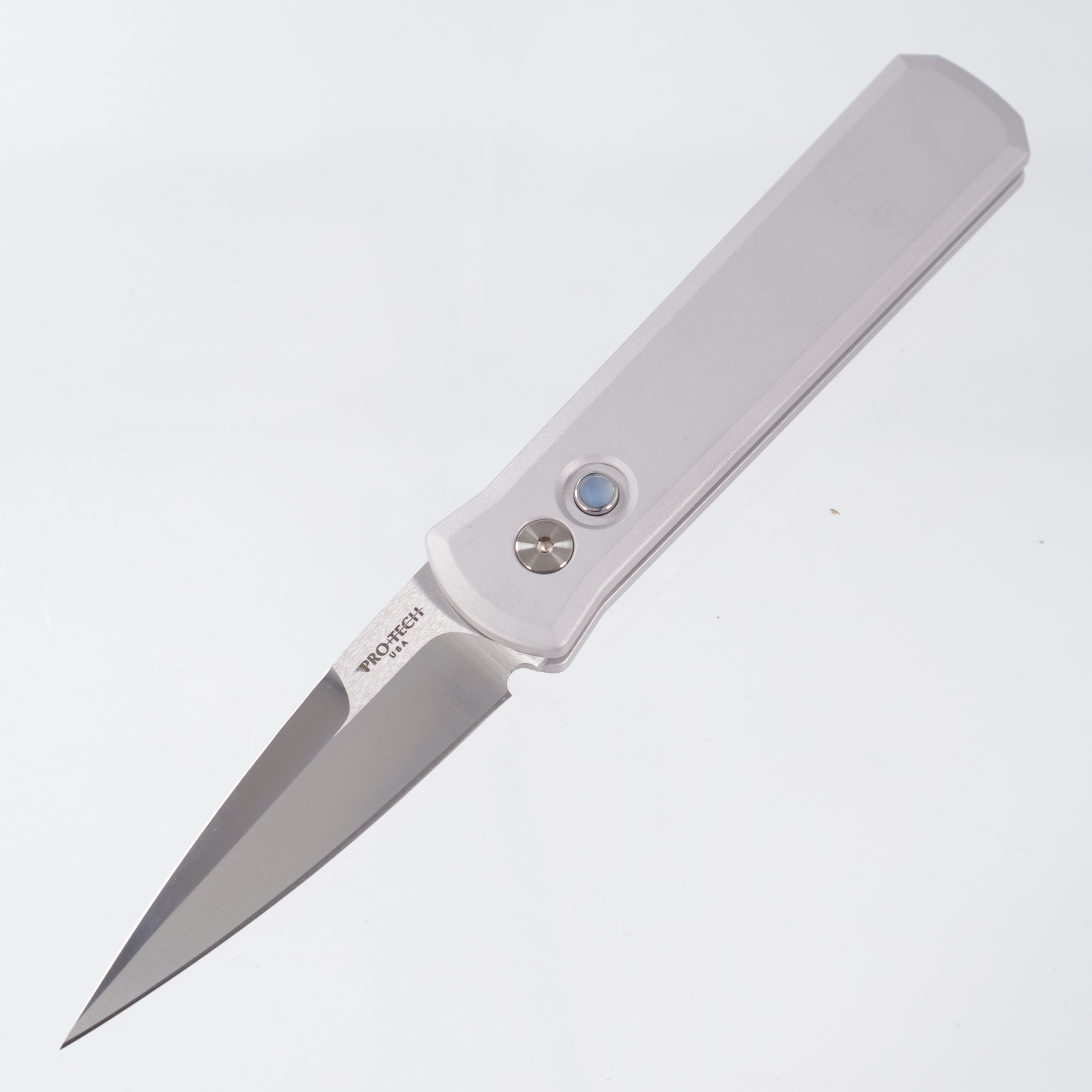 Pro-Tech Godson - Satin 154CM - Grey Aluminum & White Pearl Button - SHOT26.Godson.1