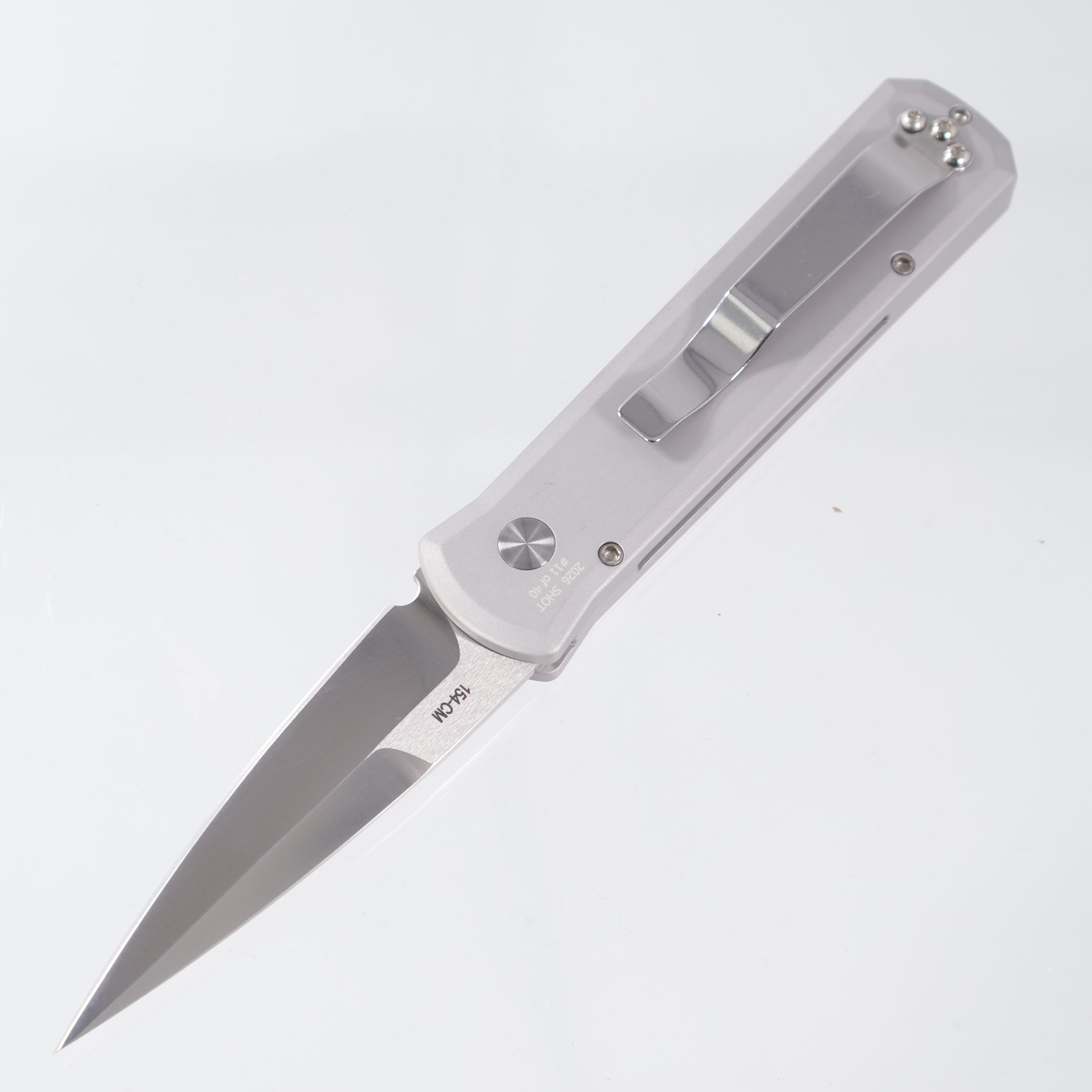 Pro-Tech Godson - Satin 154CM - Grey Aluminum & White Pearl Button - SHOT26.Godson.1